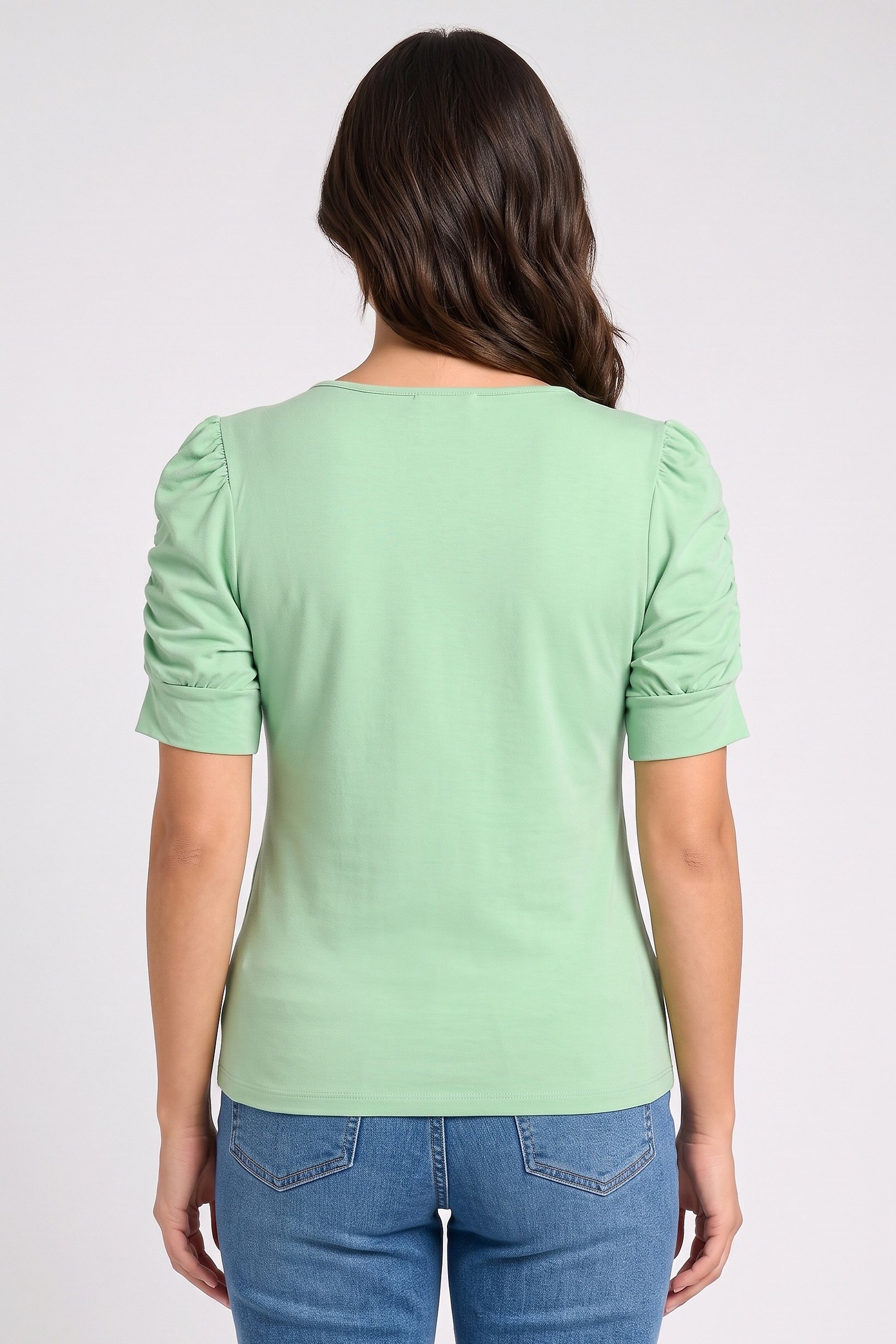 Women V Neck Plain Short Sleeve Top, Light Green