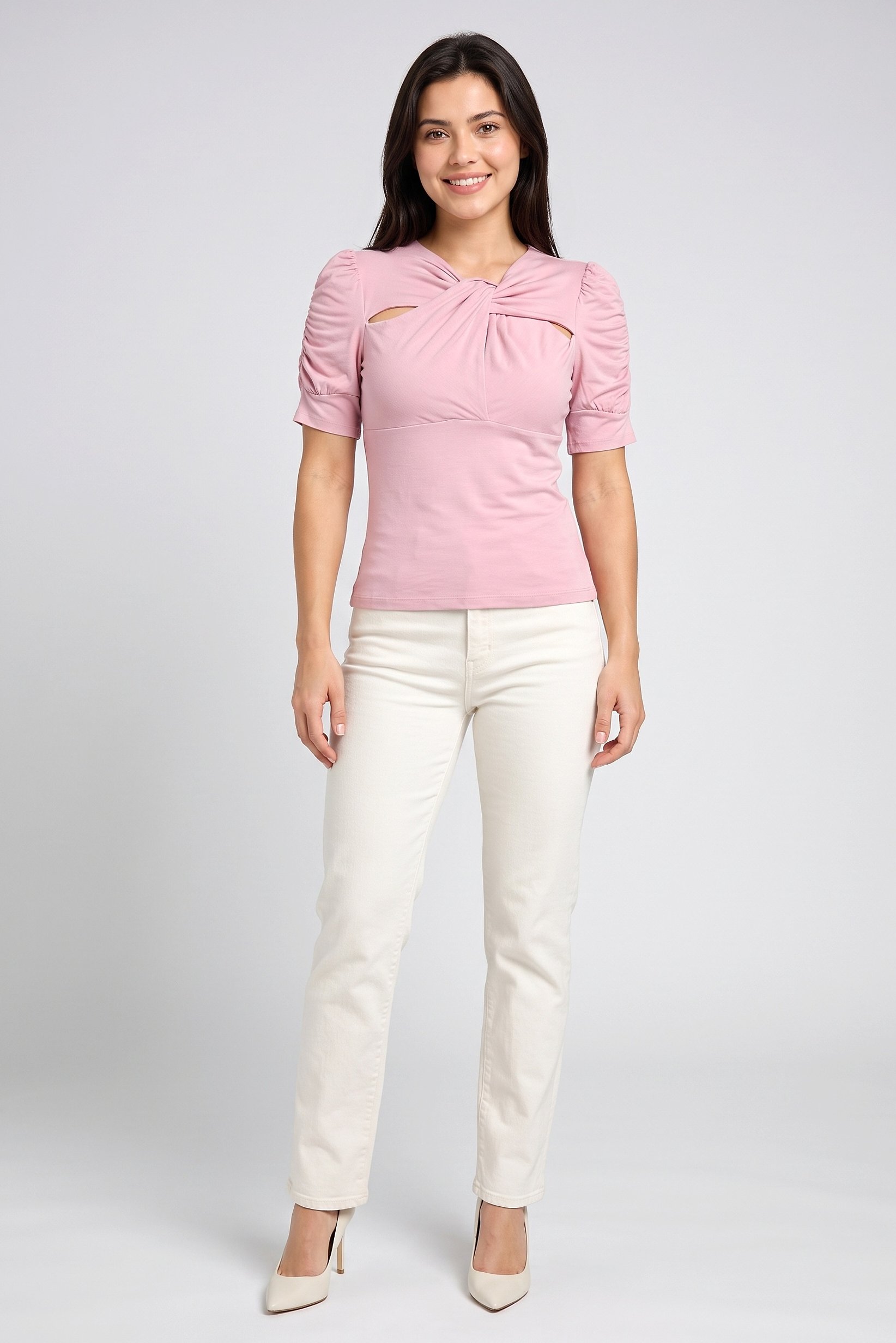 Women Twist Neck Short Sleeve Solid Top, Dusty Pink