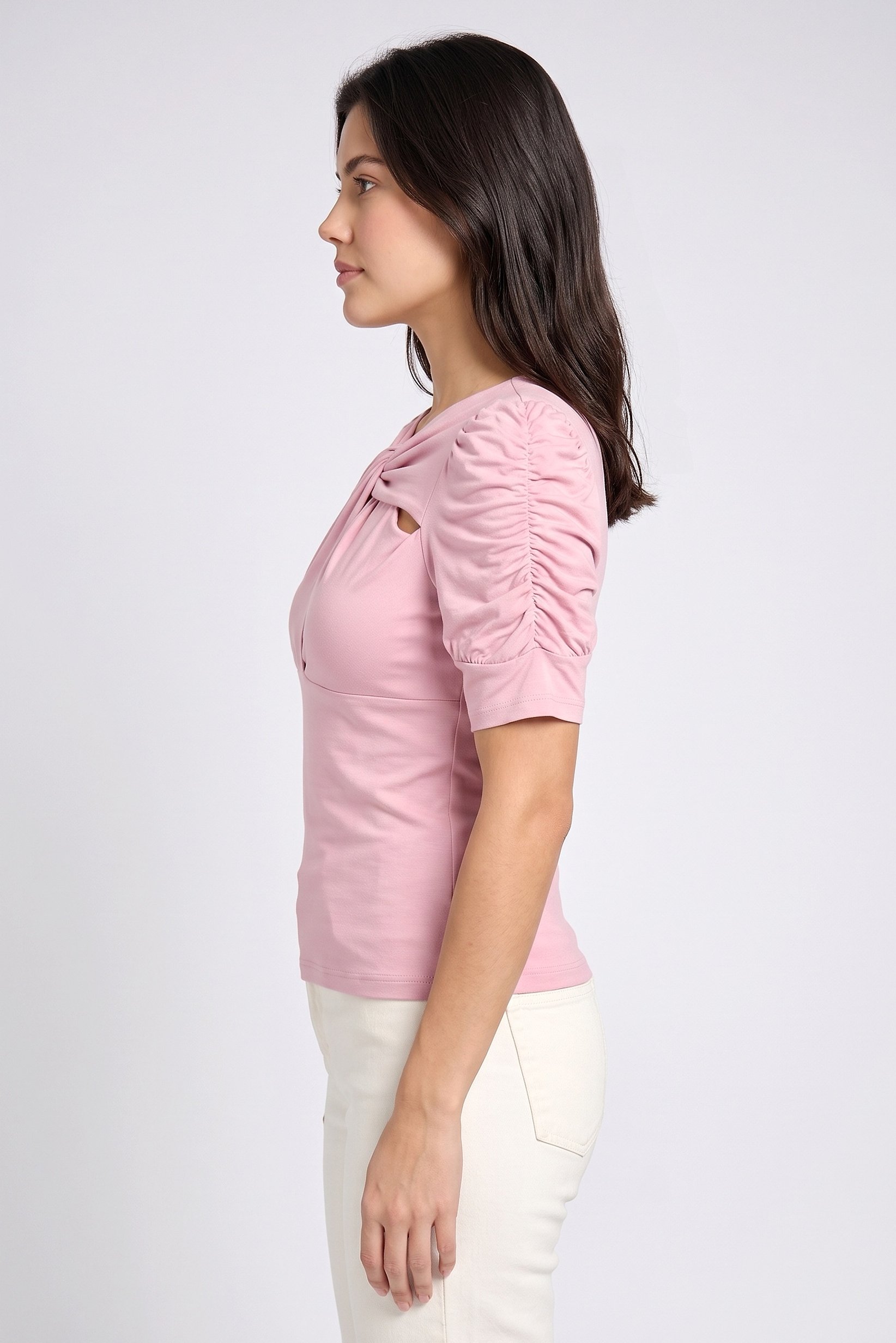 Women Twist Neck Short Sleeve Solid Top, Dusty Pink