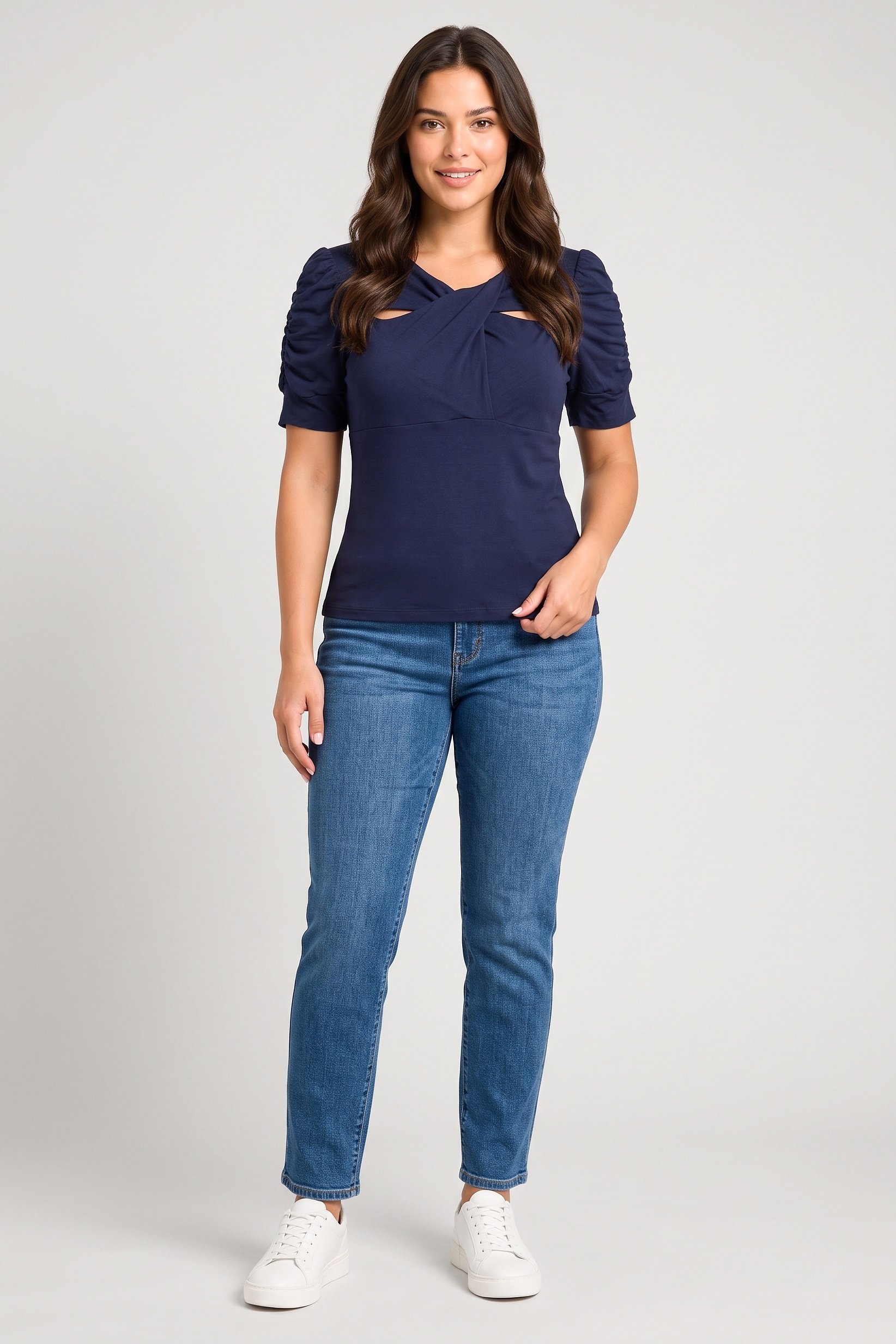 Women Twist Neck Plain Short Sleeve Top, Navy