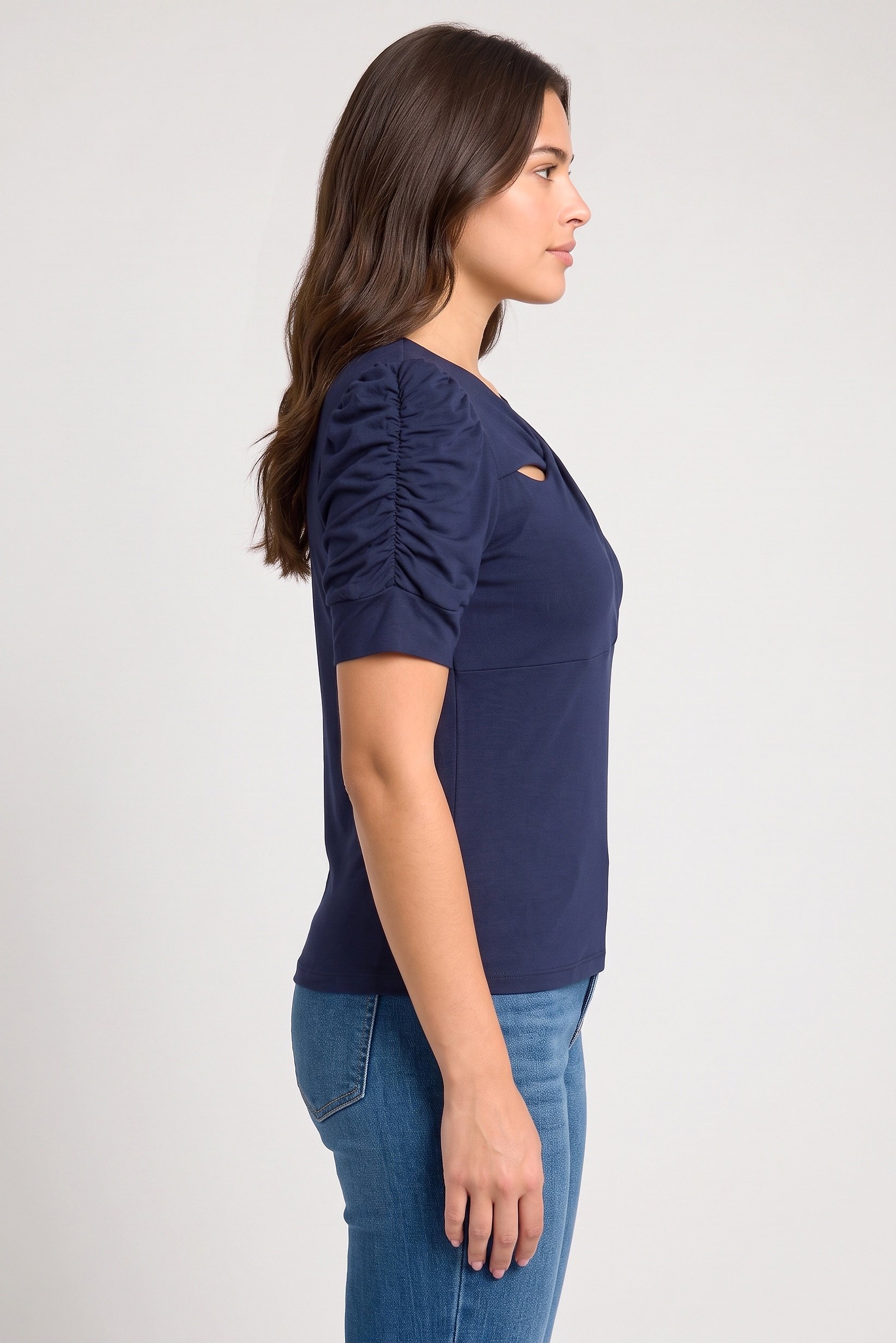 Women Twist Neck Plain Short Sleeve Top, Navy