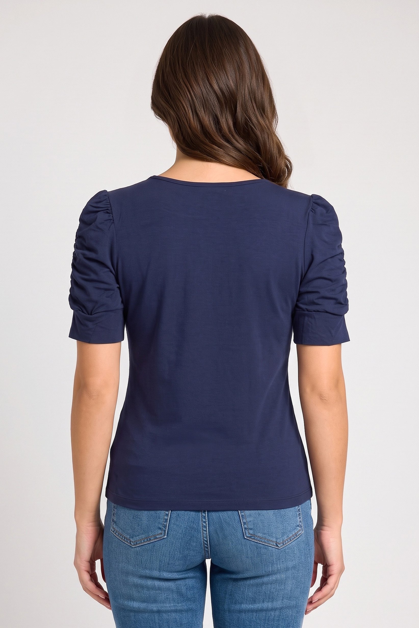 Women Twist Neck Plain Short Sleeve Top, Navy