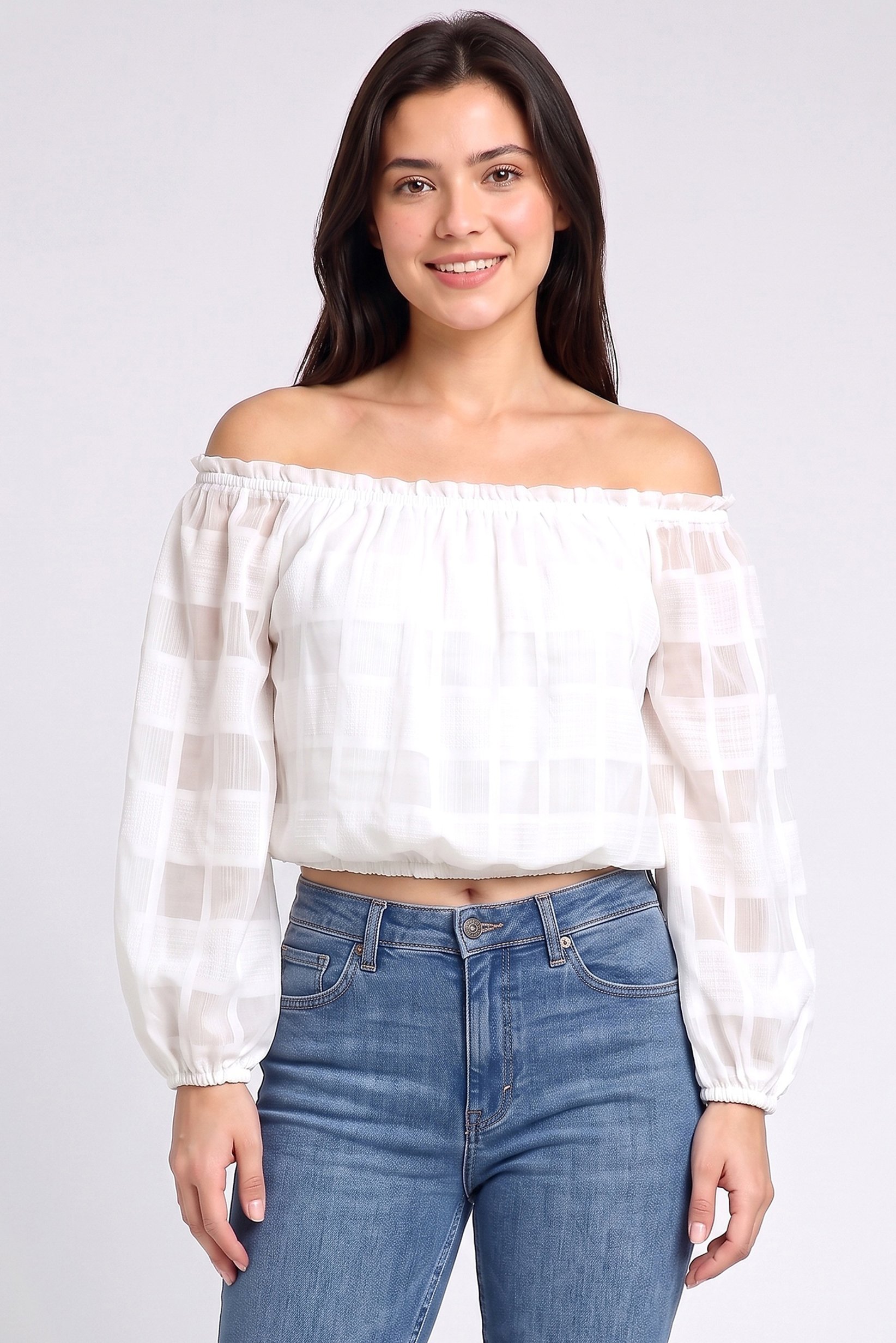 Women Off Shoulder Long Sleeve Textured Top, White