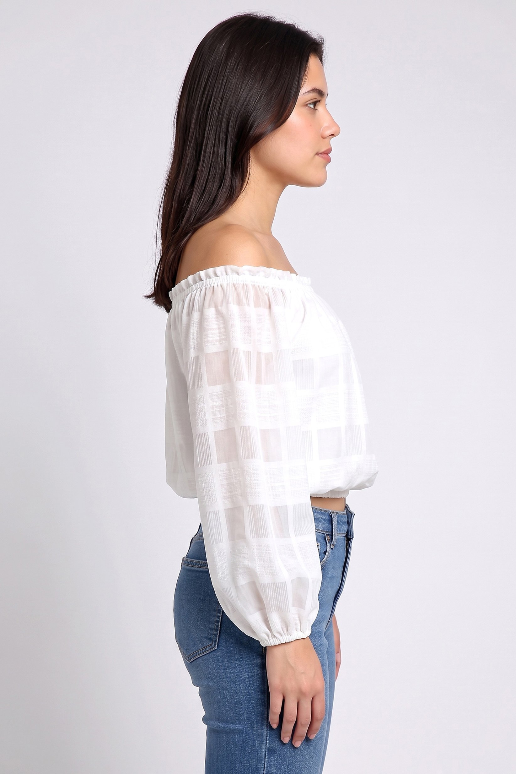 Women Off Shoulder Long Sleeve Textured Top, White