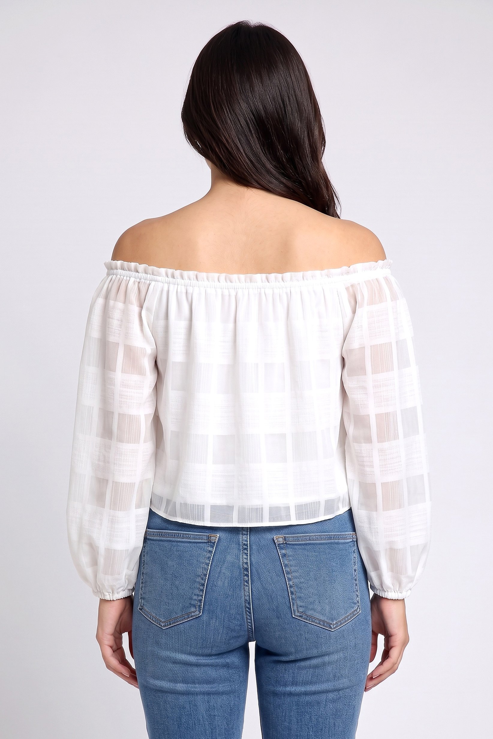 Women Off Shoulder Long Sleeve Textured Top, White