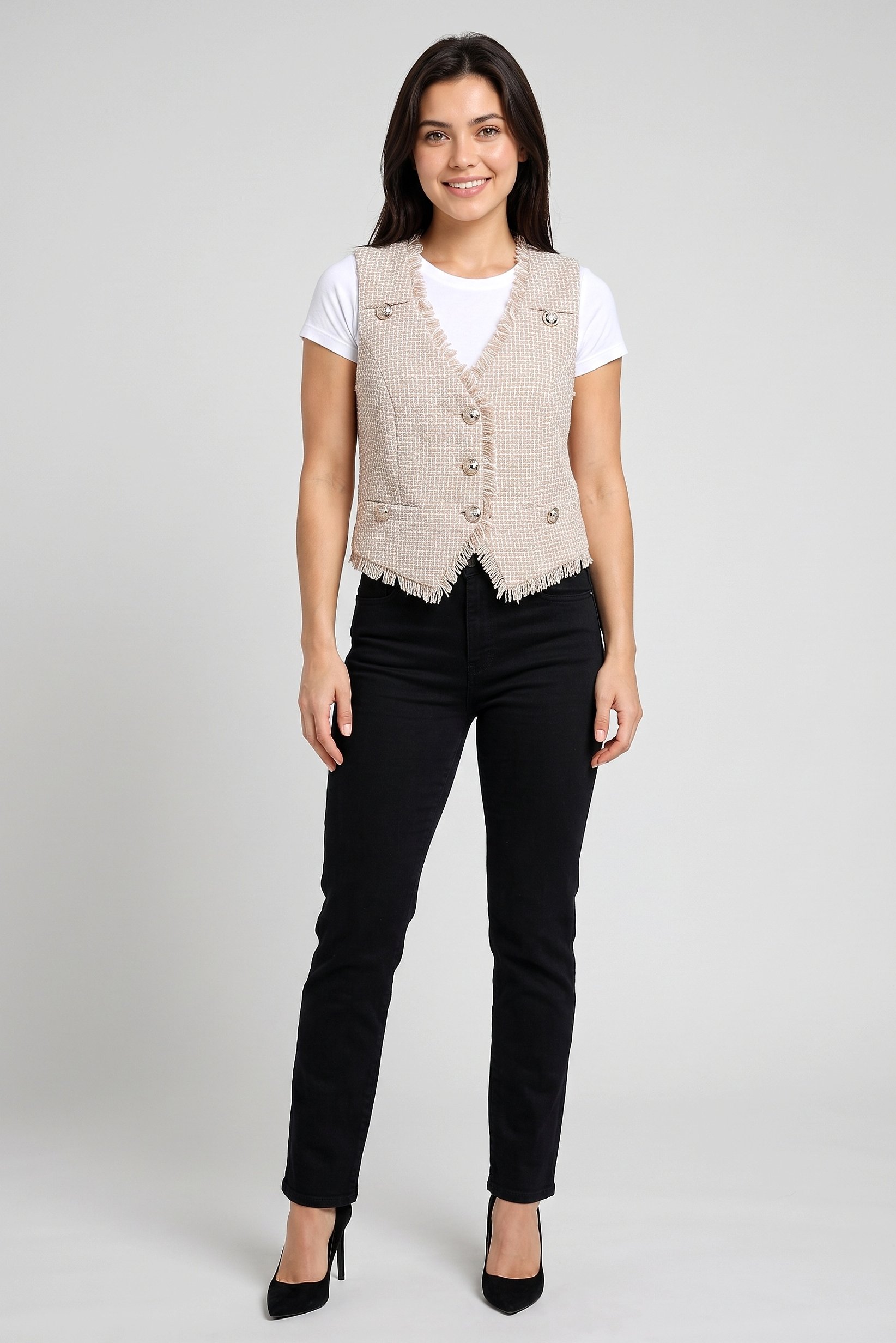 Women Regular Fit Textured Waistcoat, Beige