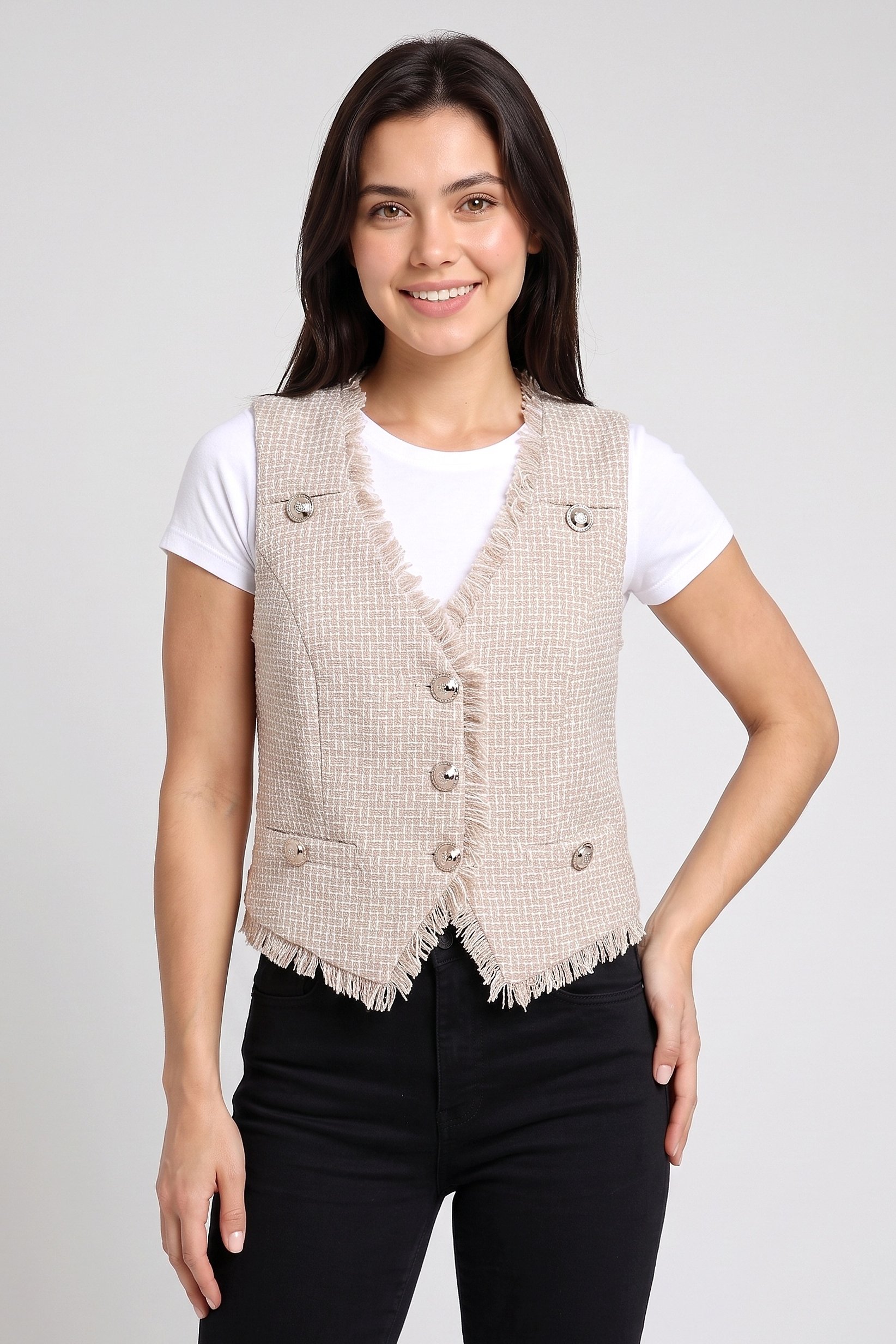 Women Regular Fit Textured Waistcoat, Beige
