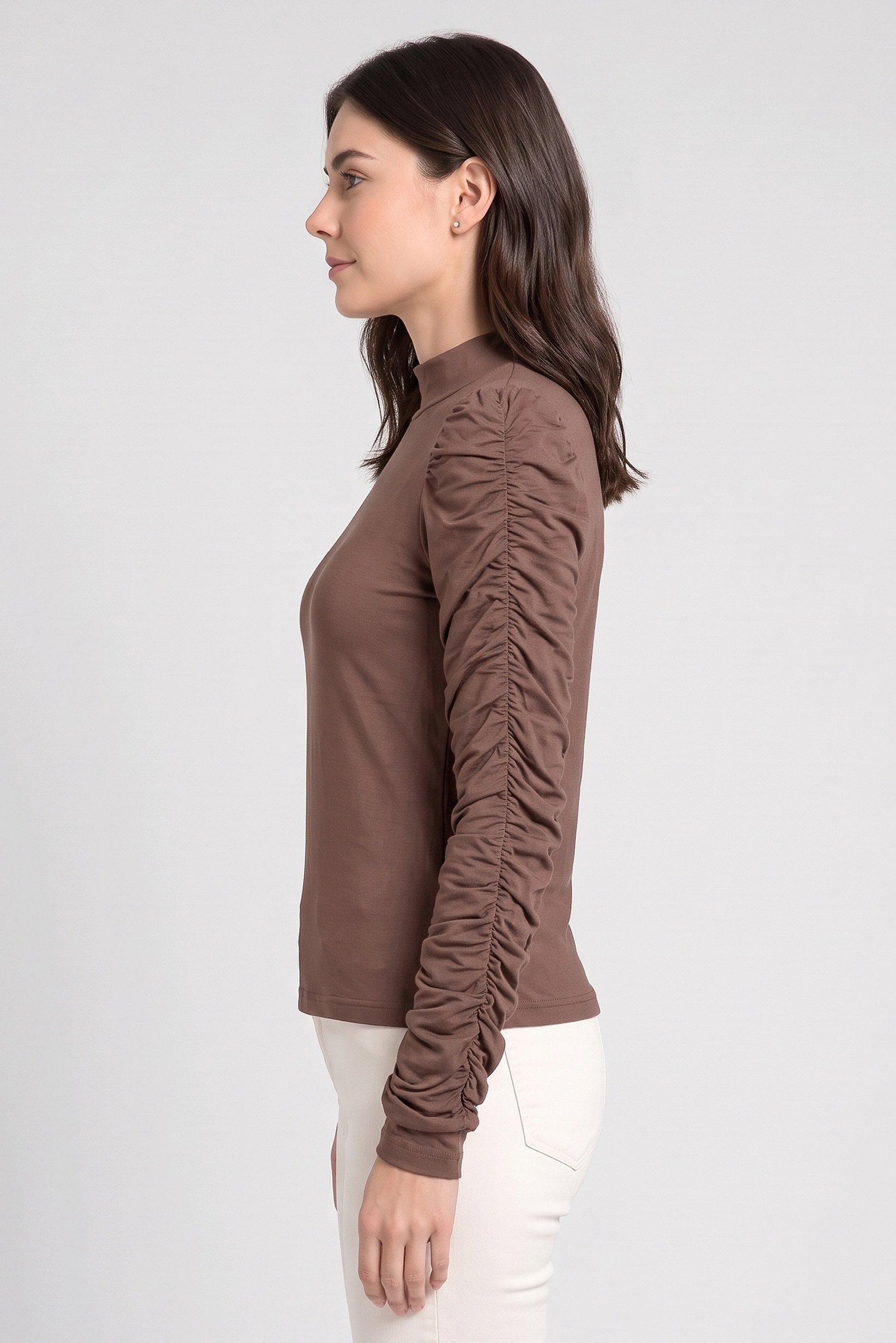 Women Mock Neck Long Sleeve Solid Top, Brown