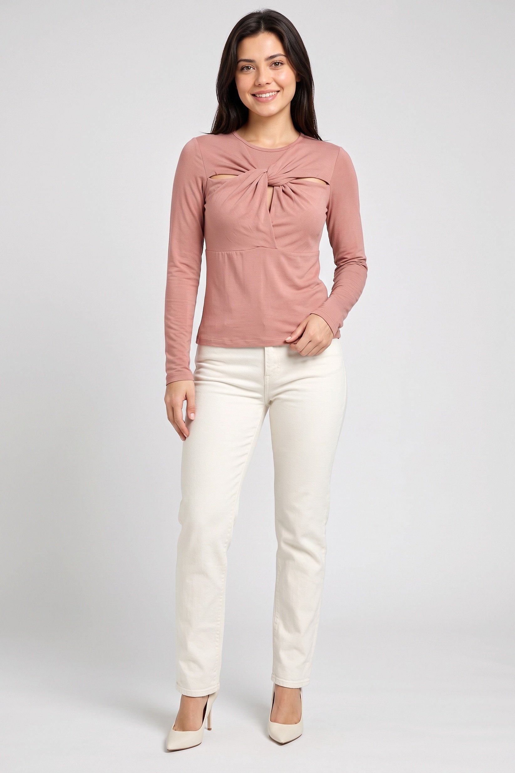Women Twist Neck Long Sleeve Solid Top, Old Rose