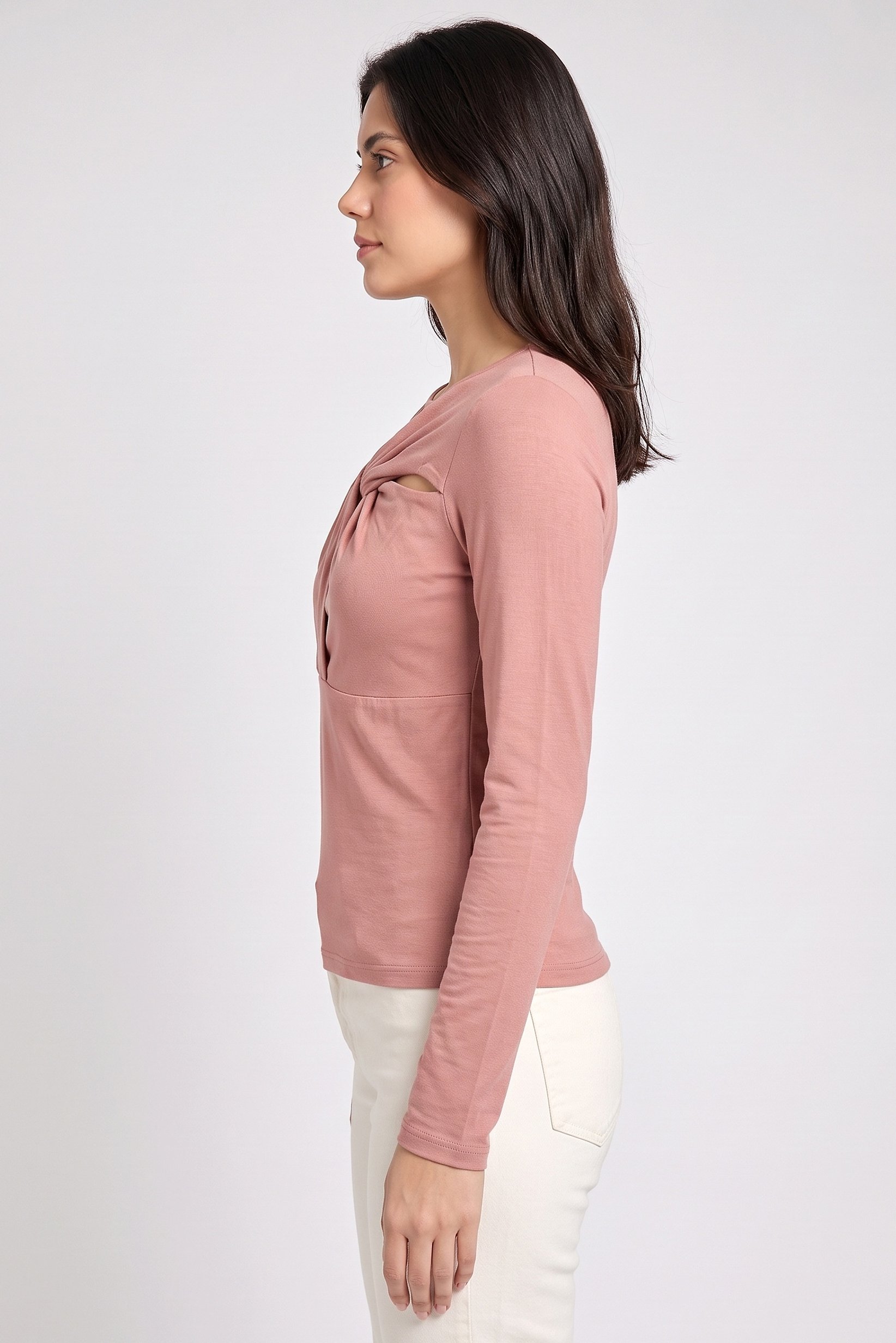 Women Twist Neck Long Sleeve Solid Top, Old Rose