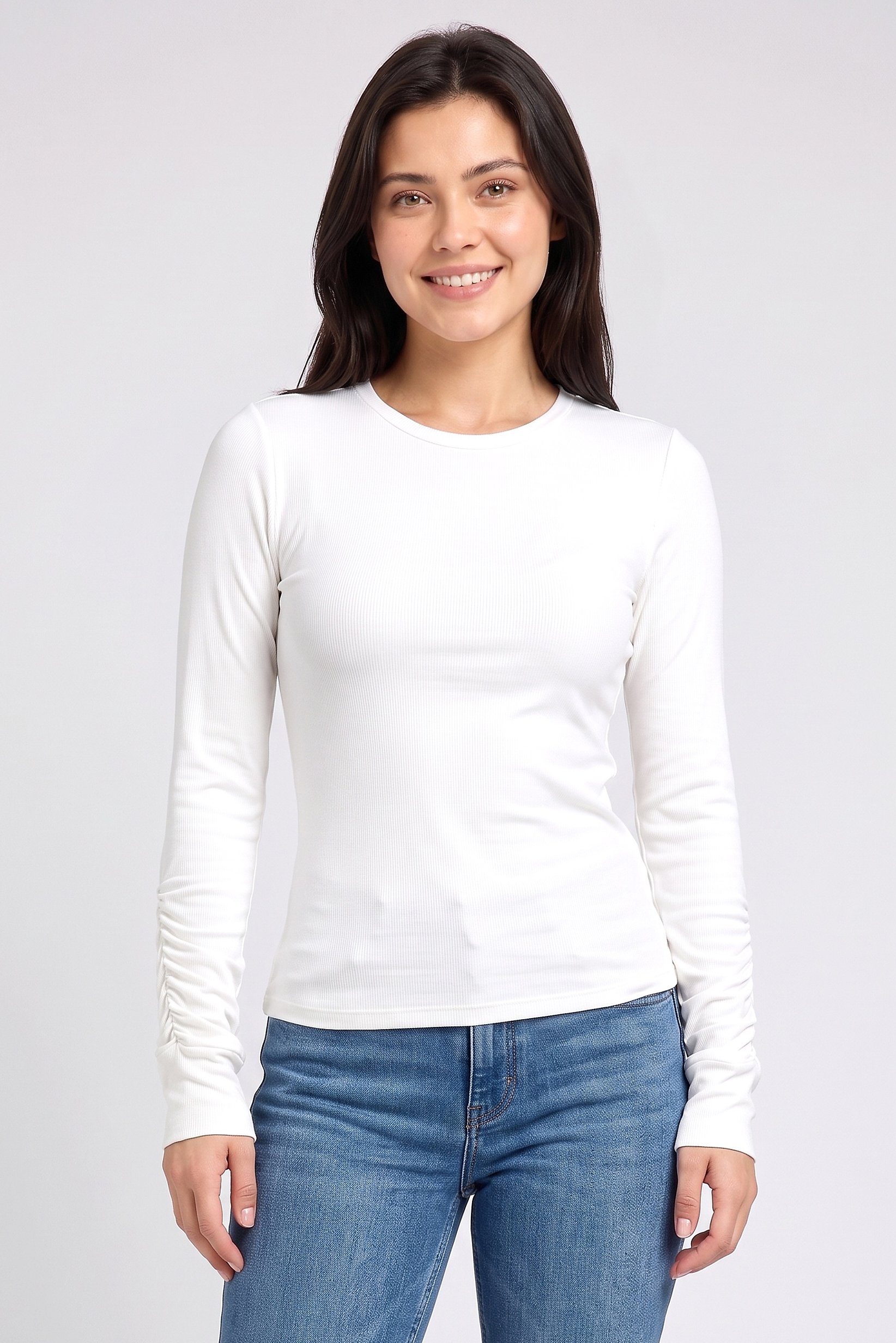 Women Crew Neck Solid Long Sleeve Top, White