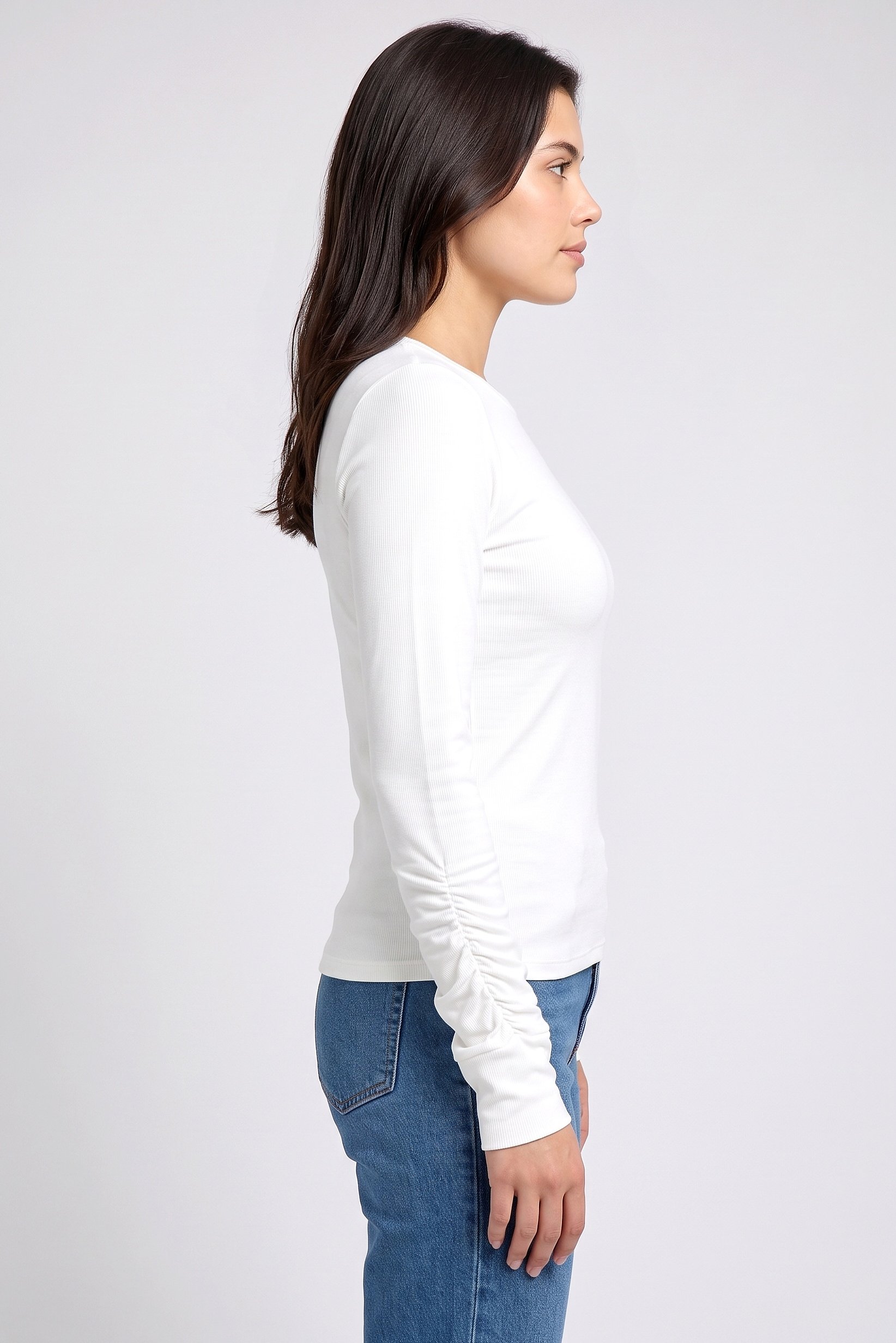 Women Crew Neck Solid Long Sleeve Top, White