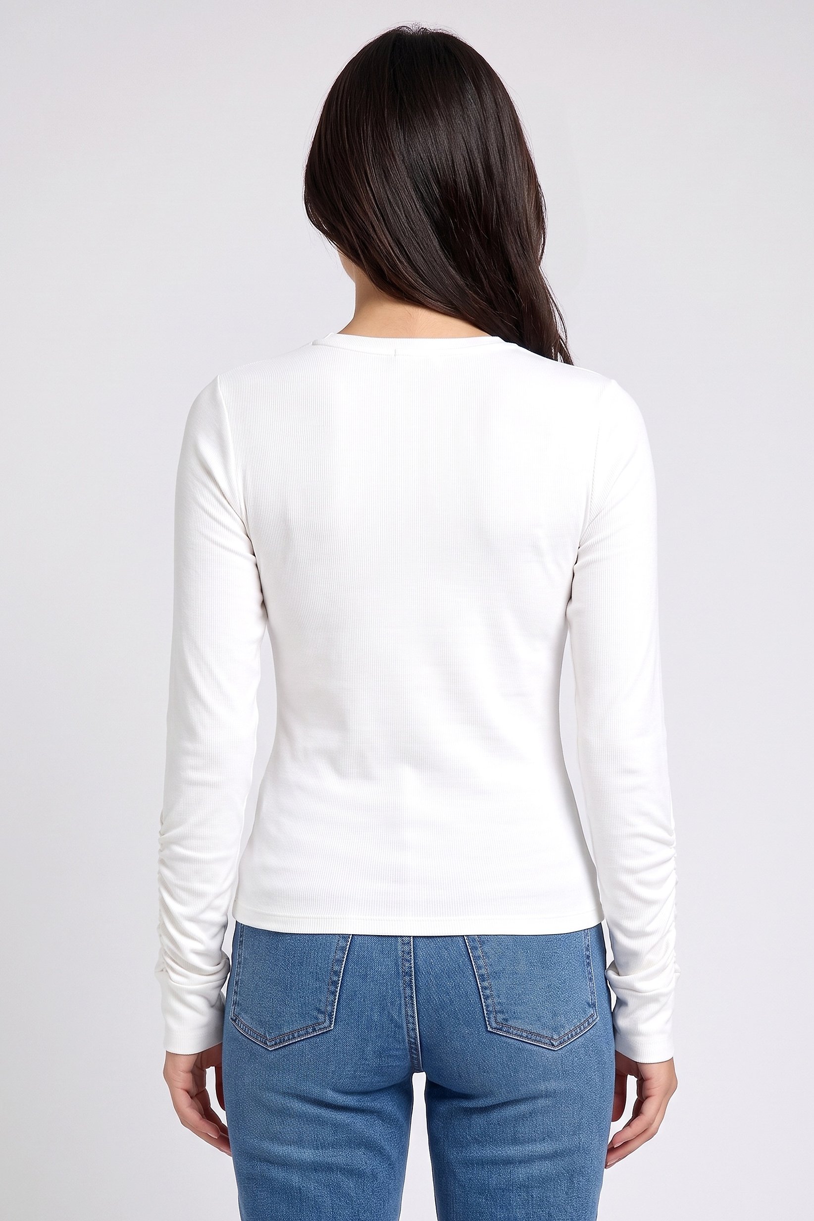Women Crew Neck Solid Long Sleeve Top, White