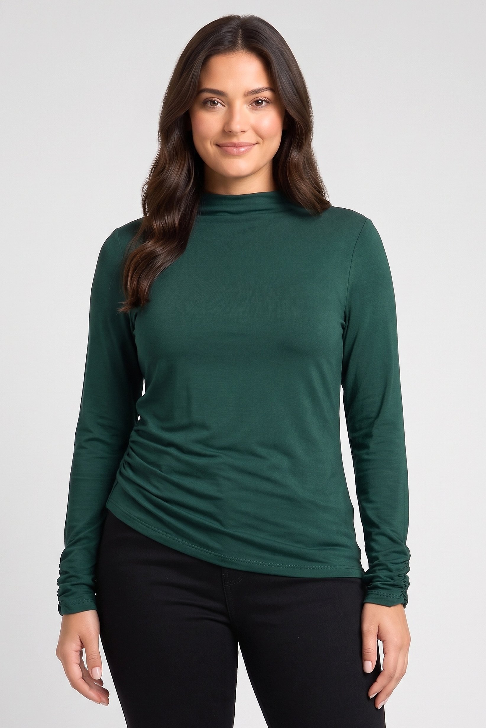 Women Mock Neck Long Sleeve Solid Top, Dark Green