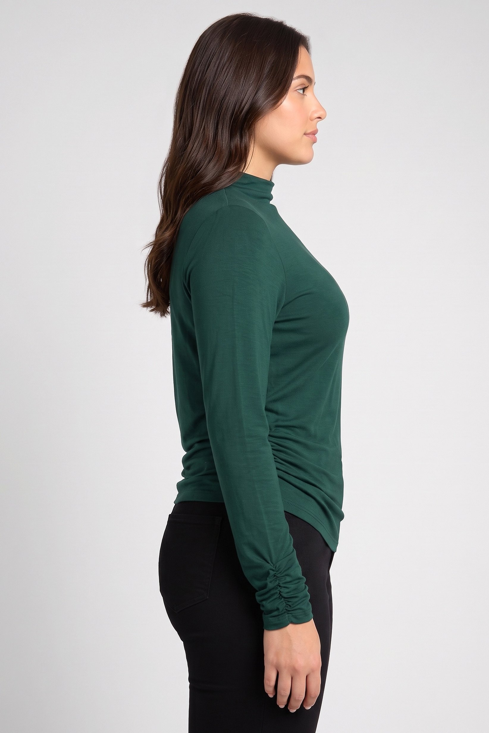 Women Mock Neck Long Sleeve Solid Top, Dark Green