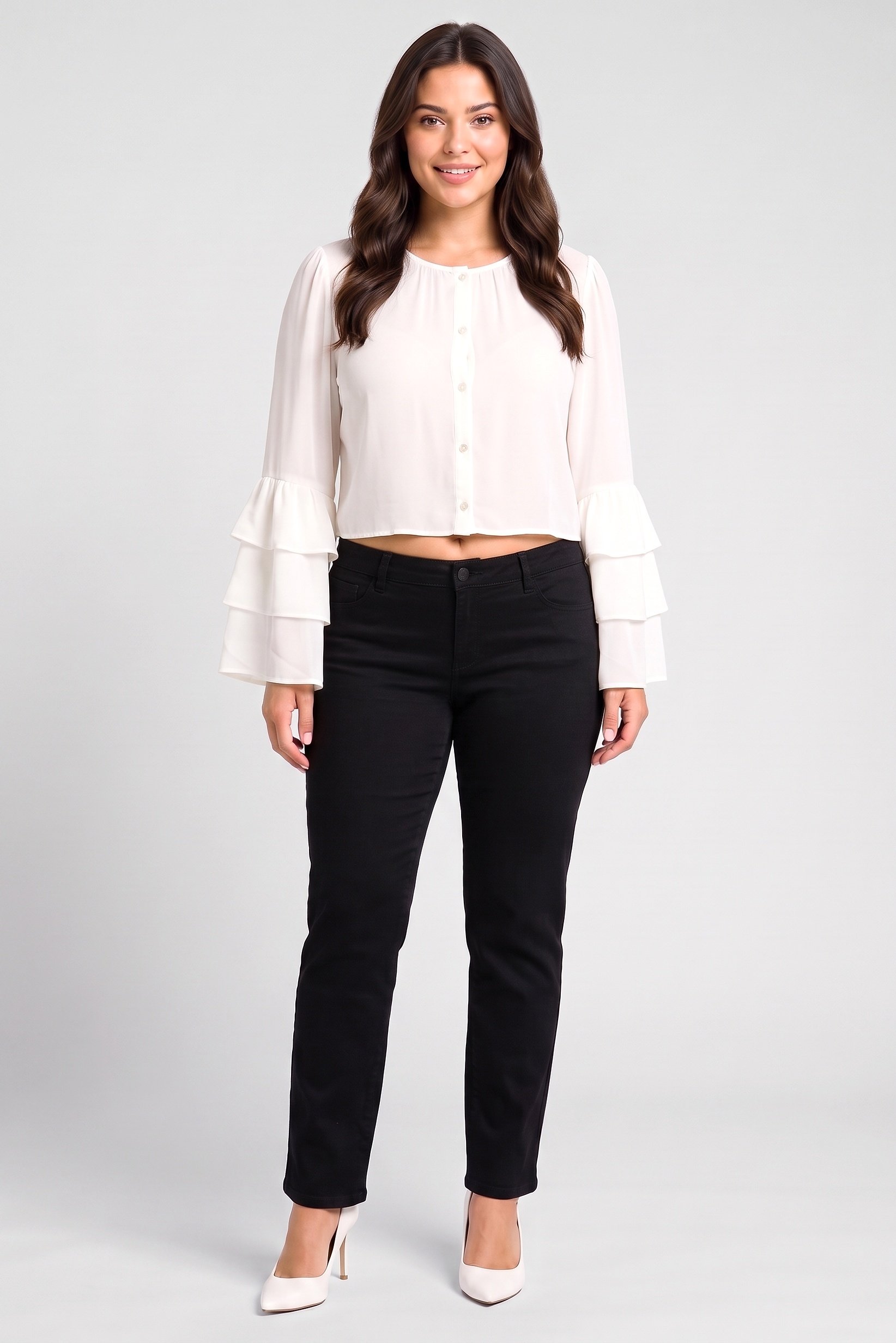 Women Round Neck Long Sleeve Plain Top, Ivory