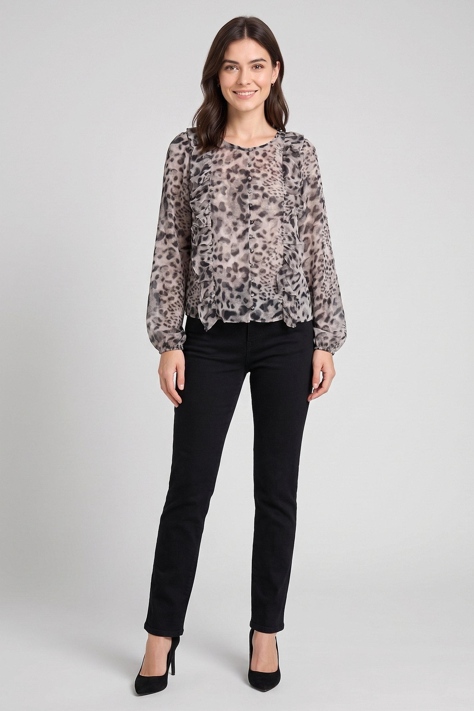 Women Round Neck Long Sleeve Animal Print Blouse, Multicolor