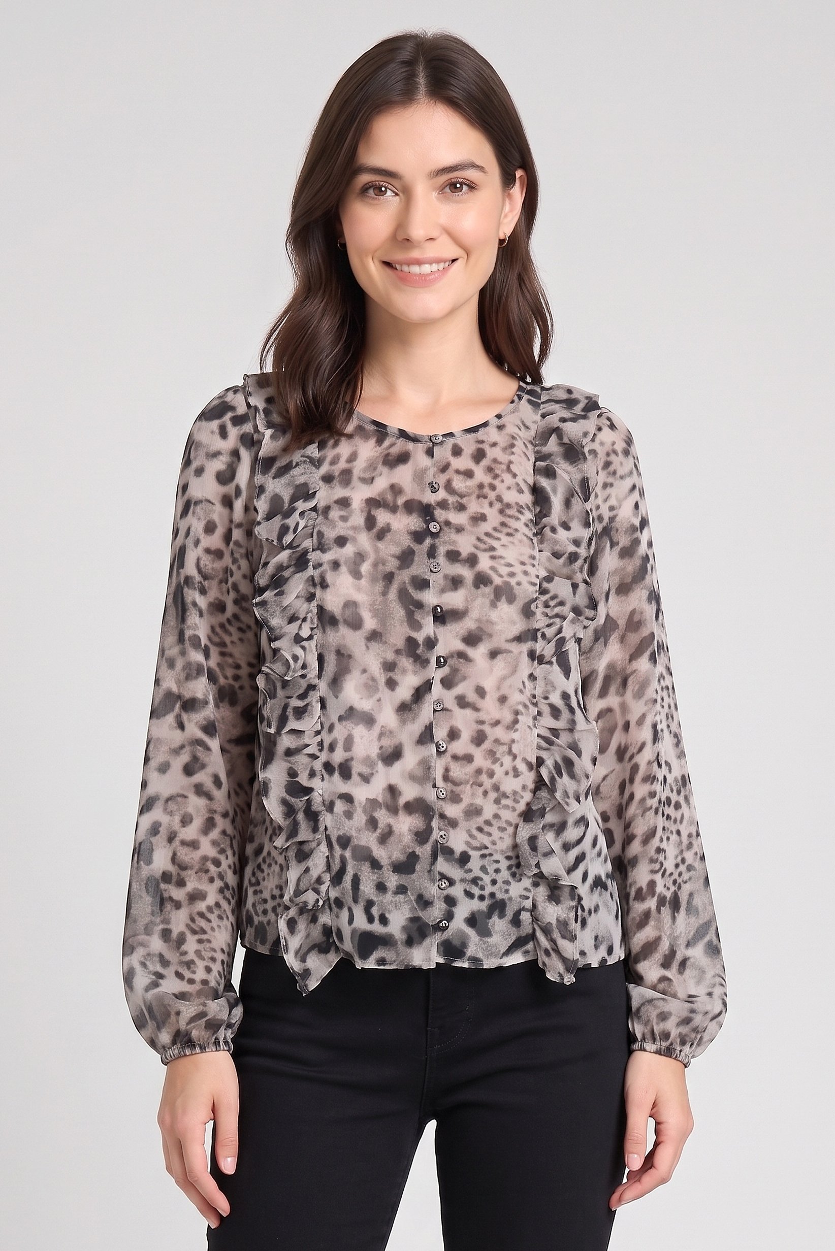 Women Round Neck Long Sleeve Animal Print Blouse, Multicolor