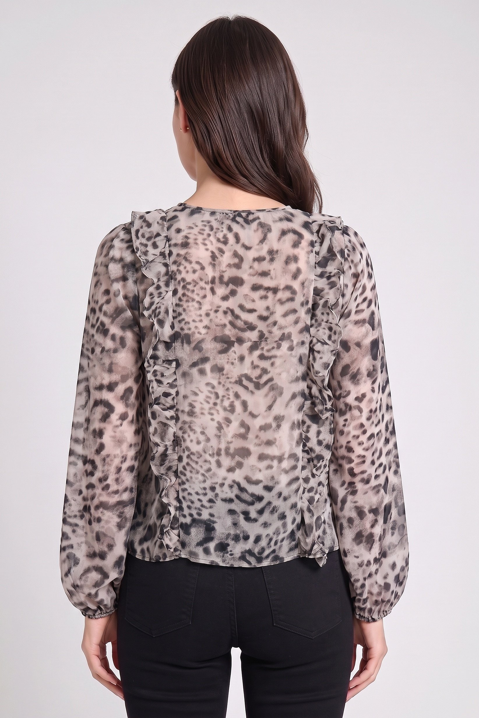 Women Round Neck Long Sleeve Animal Print Blouse, Multicolor