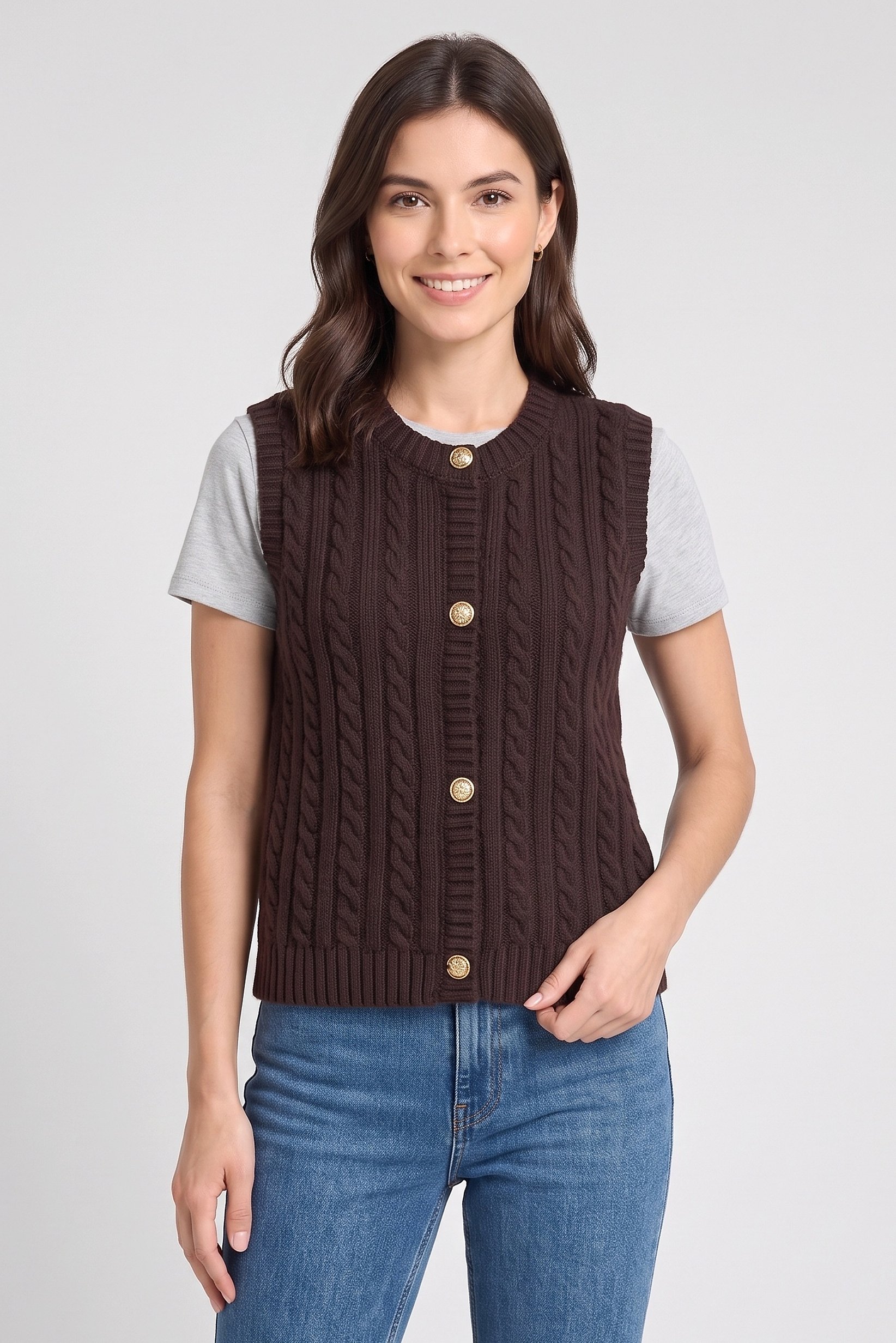 Women Crew Neck Knitted Sleeveless Cardigan, Chocolate