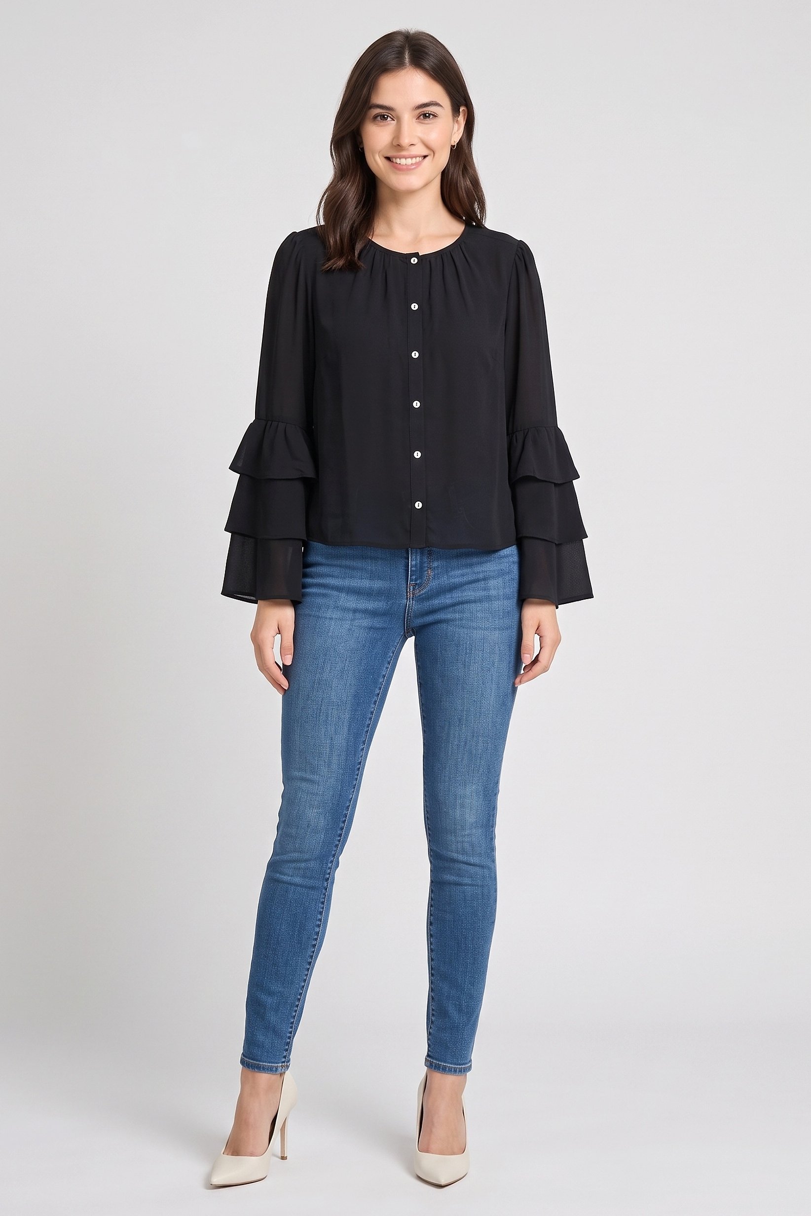 Women Round Neck Long Sleeve Plain Blouse, Black