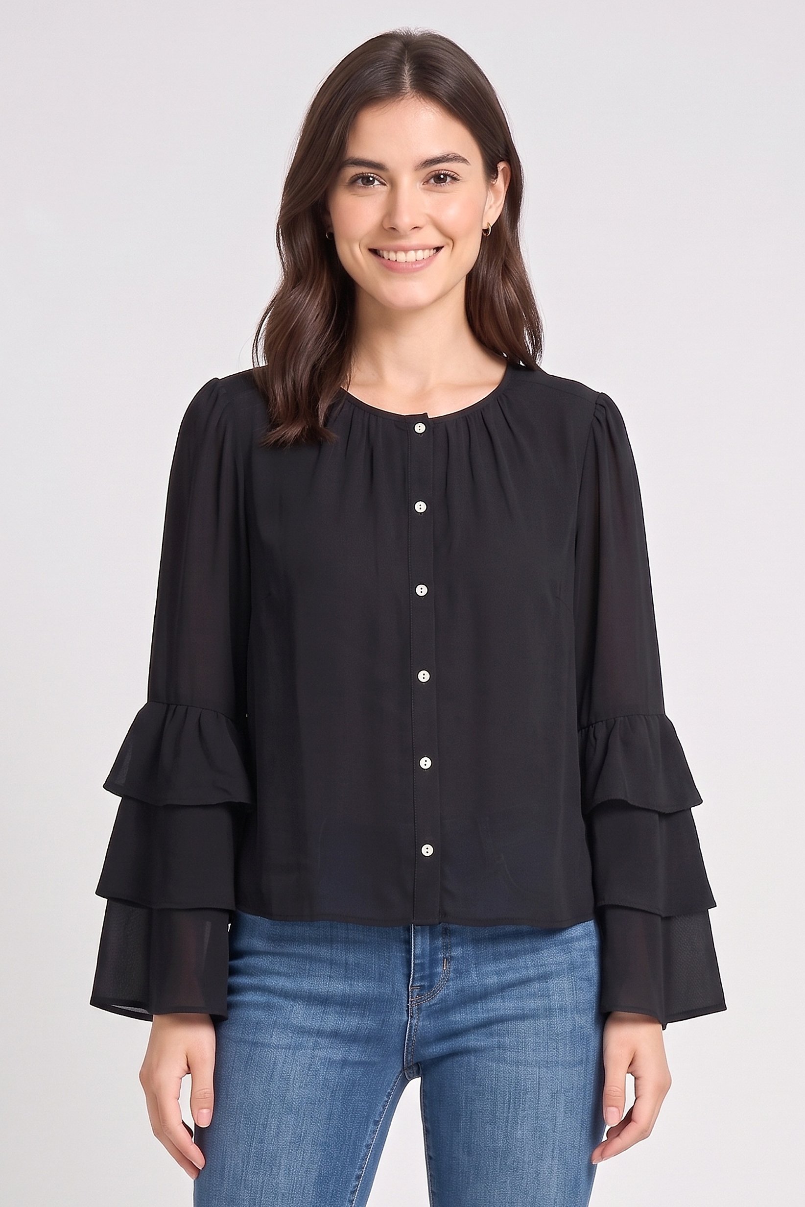 Women Round Neck Long Sleeve Plain Blouse, Black