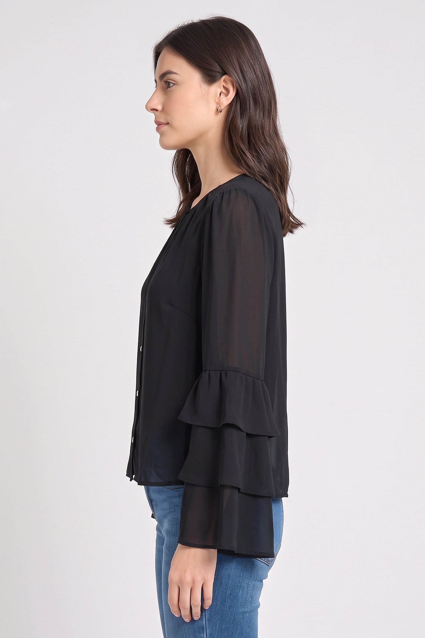 Women Round Neck Long Sleeve Plain Blouse, Black