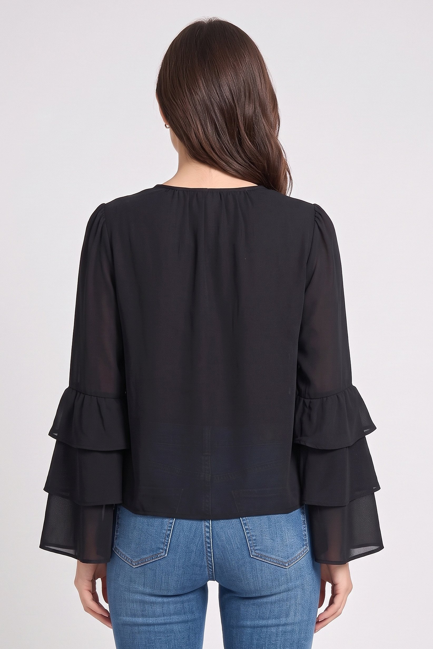 Women Round Neck Long Sleeve Plain Blouse, Black