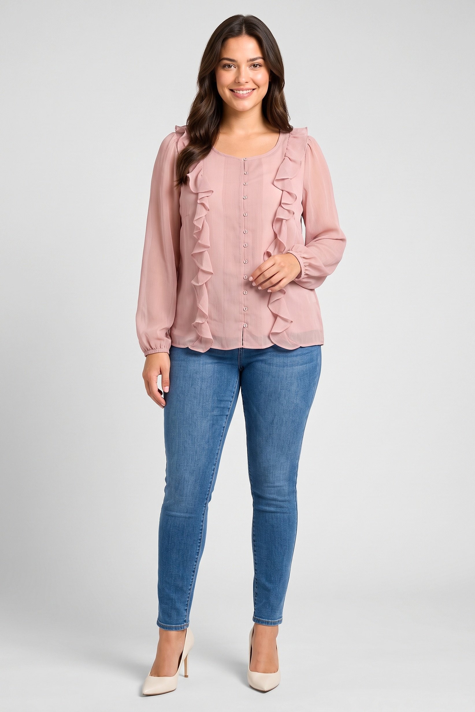 Women Round Neck Long Sleeve Textured Blouse, Blush Pink