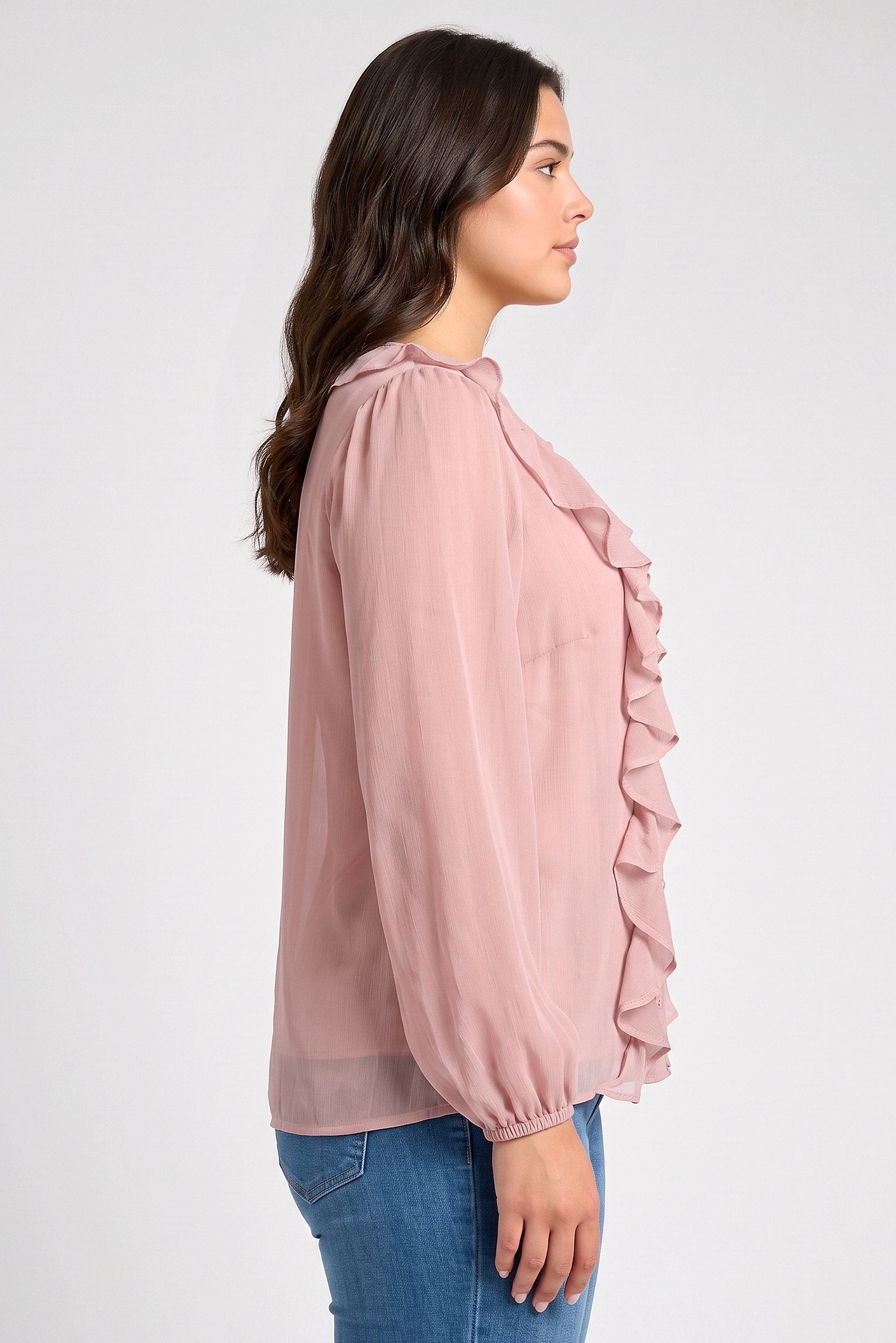 Women Round Neck Long Sleeve Textured Blouse, Blush Pink