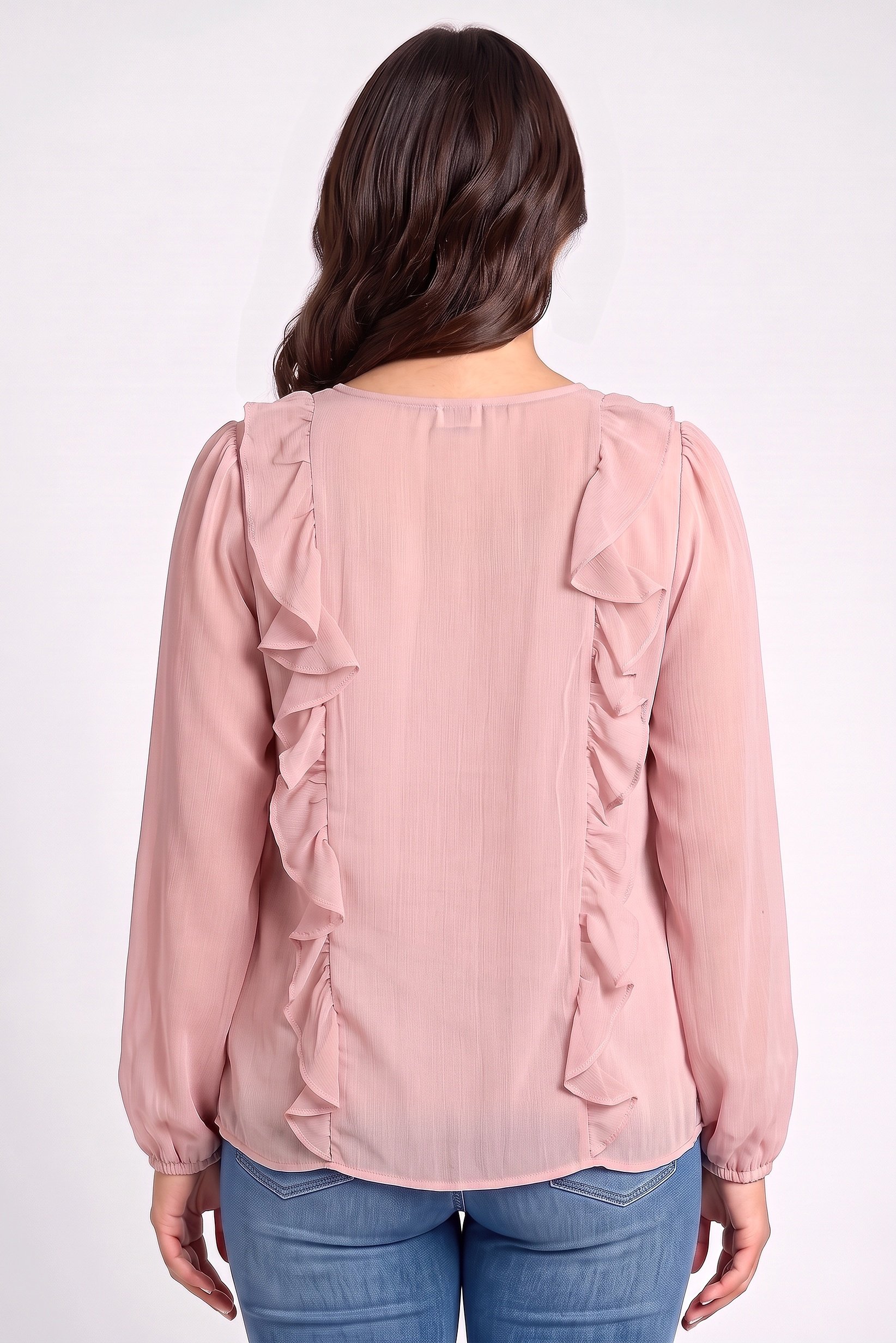 Women Round Neck Long Sleeve Textured Blouse, Blush Pink