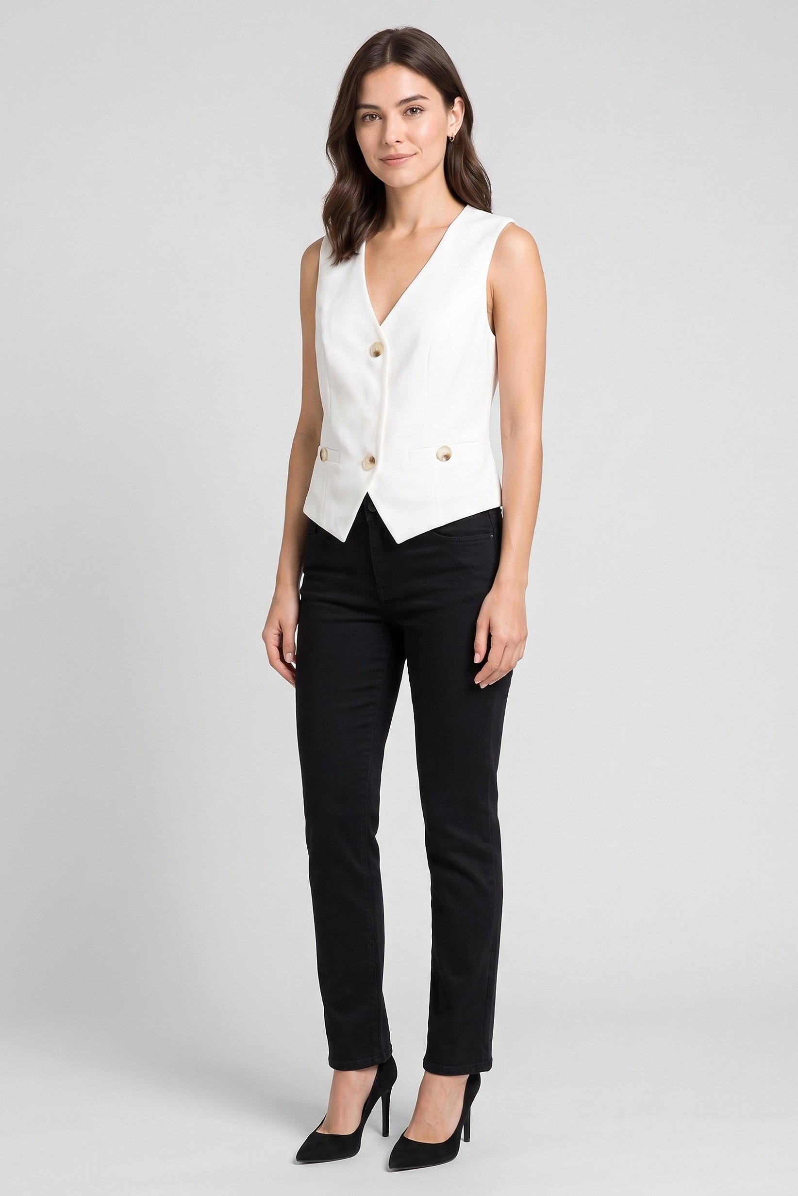 Women Regular Fit Solid Sleeveless Waistcoat, White
