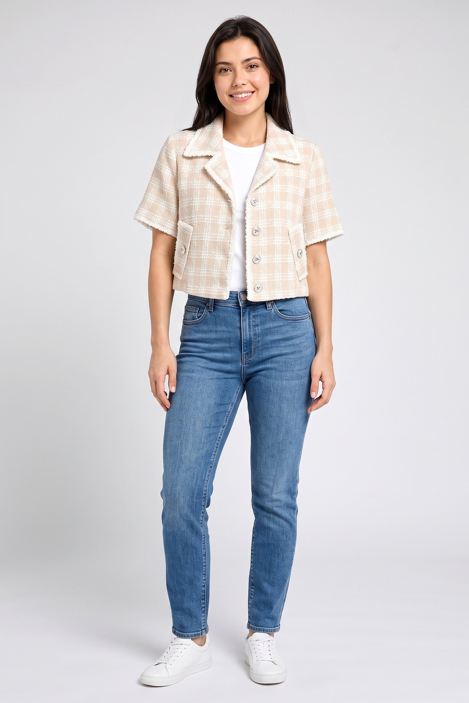 Women Regular Fit Checkered Short Sleeve Blazer, Multicolor
