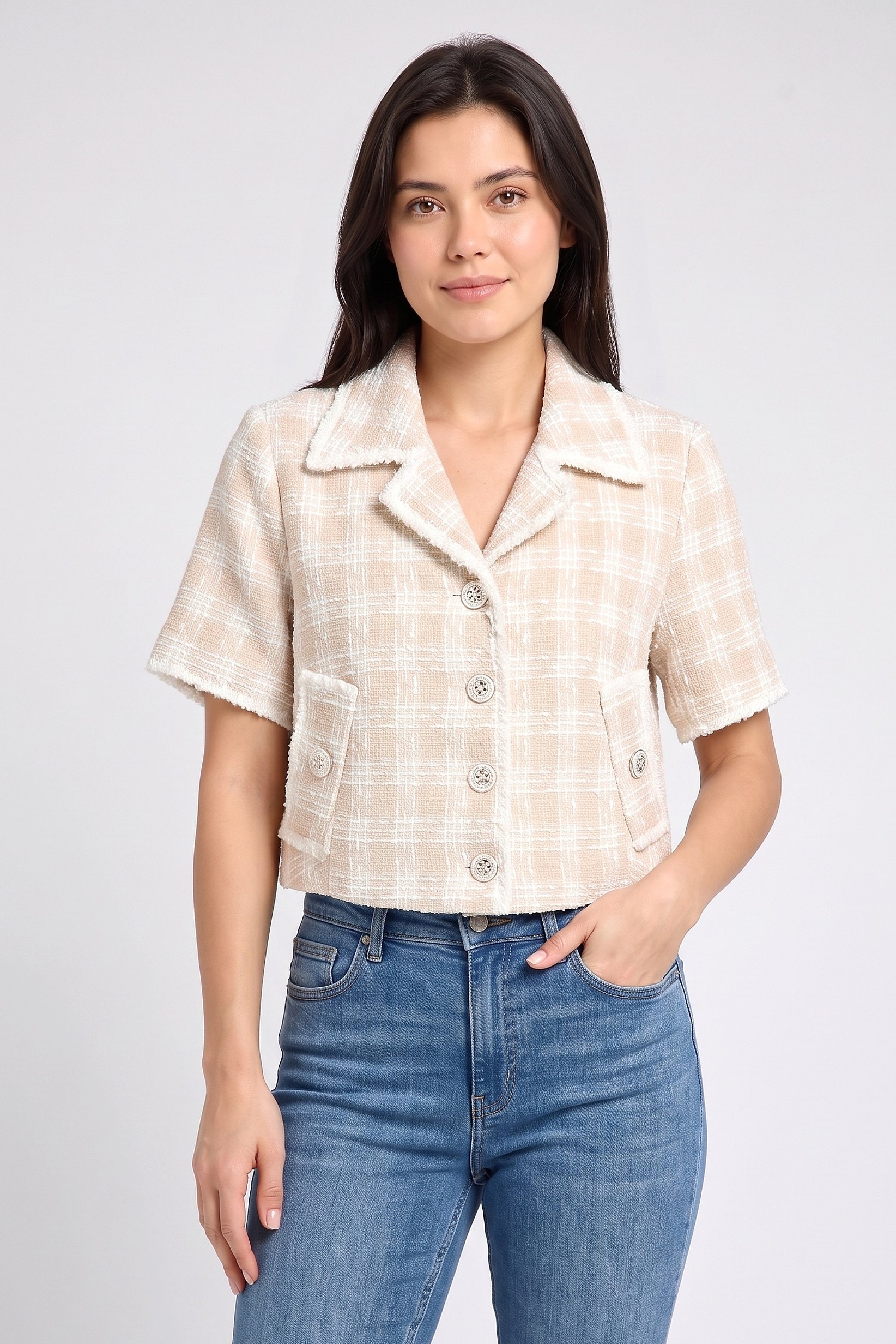 Women Regular Fit Checkered Short Sleeve Blazer, Multicolor