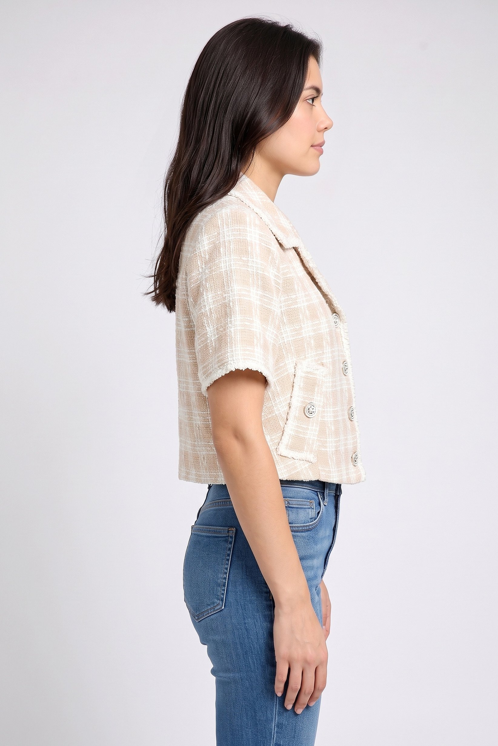 Women Regular Fit Checkered Short Sleeve Blazer, Multicolor