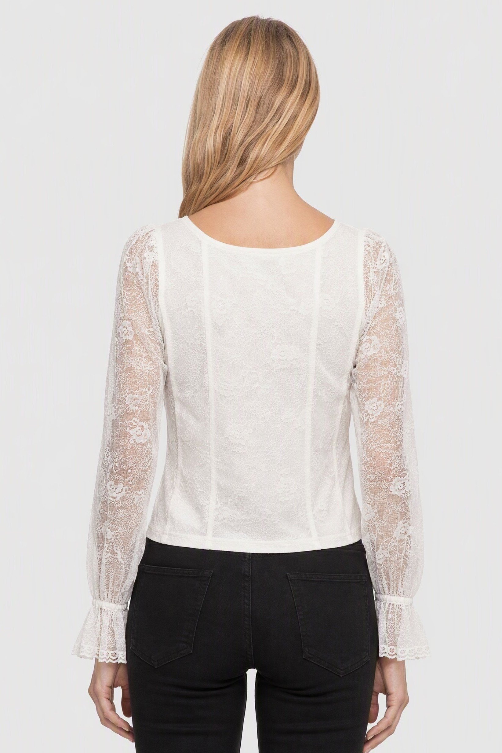 Women Square Neck Long Sleeve Textured Top, White