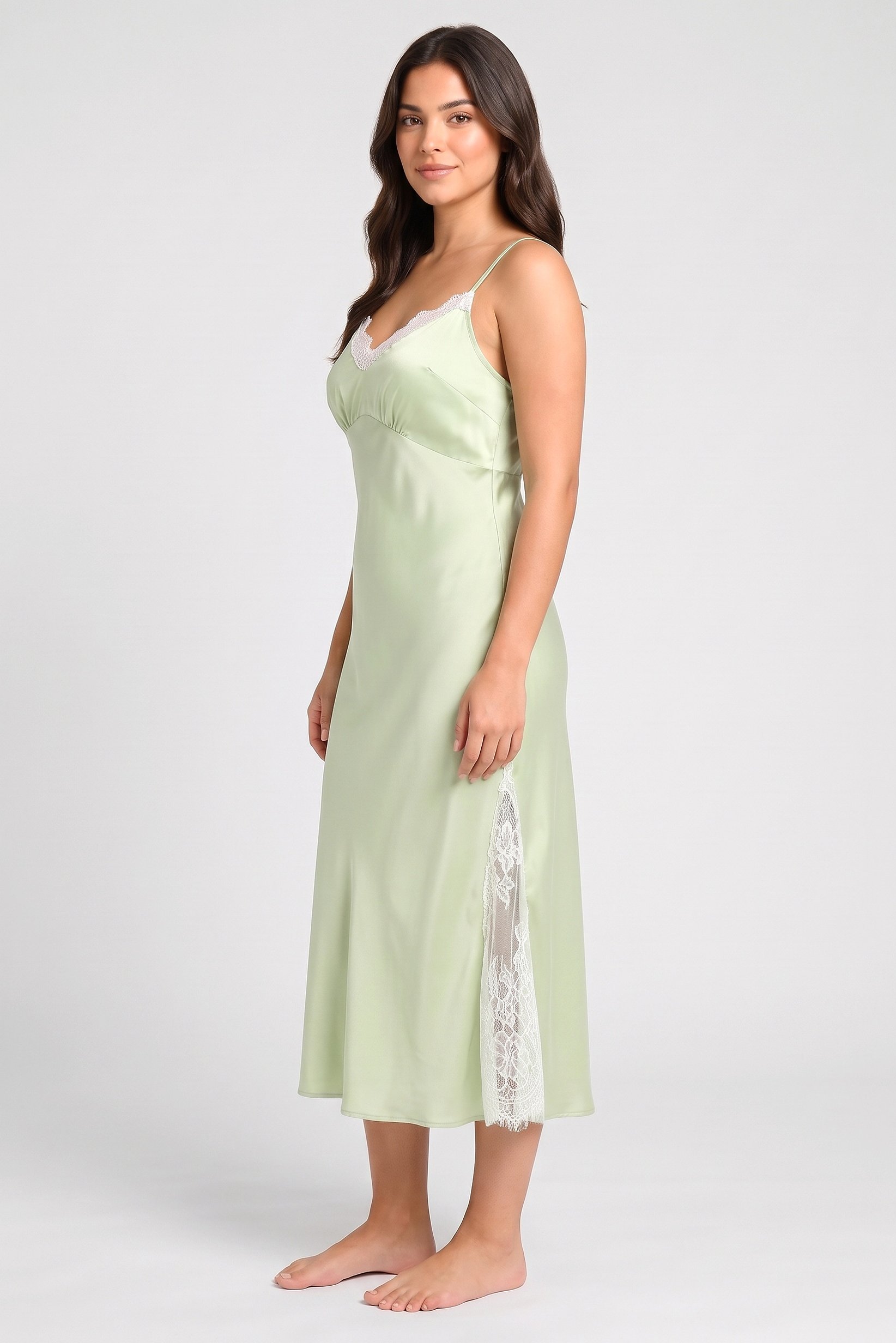 Women Plain Lace Trim Sleepwear Maxi Dress, Light Green