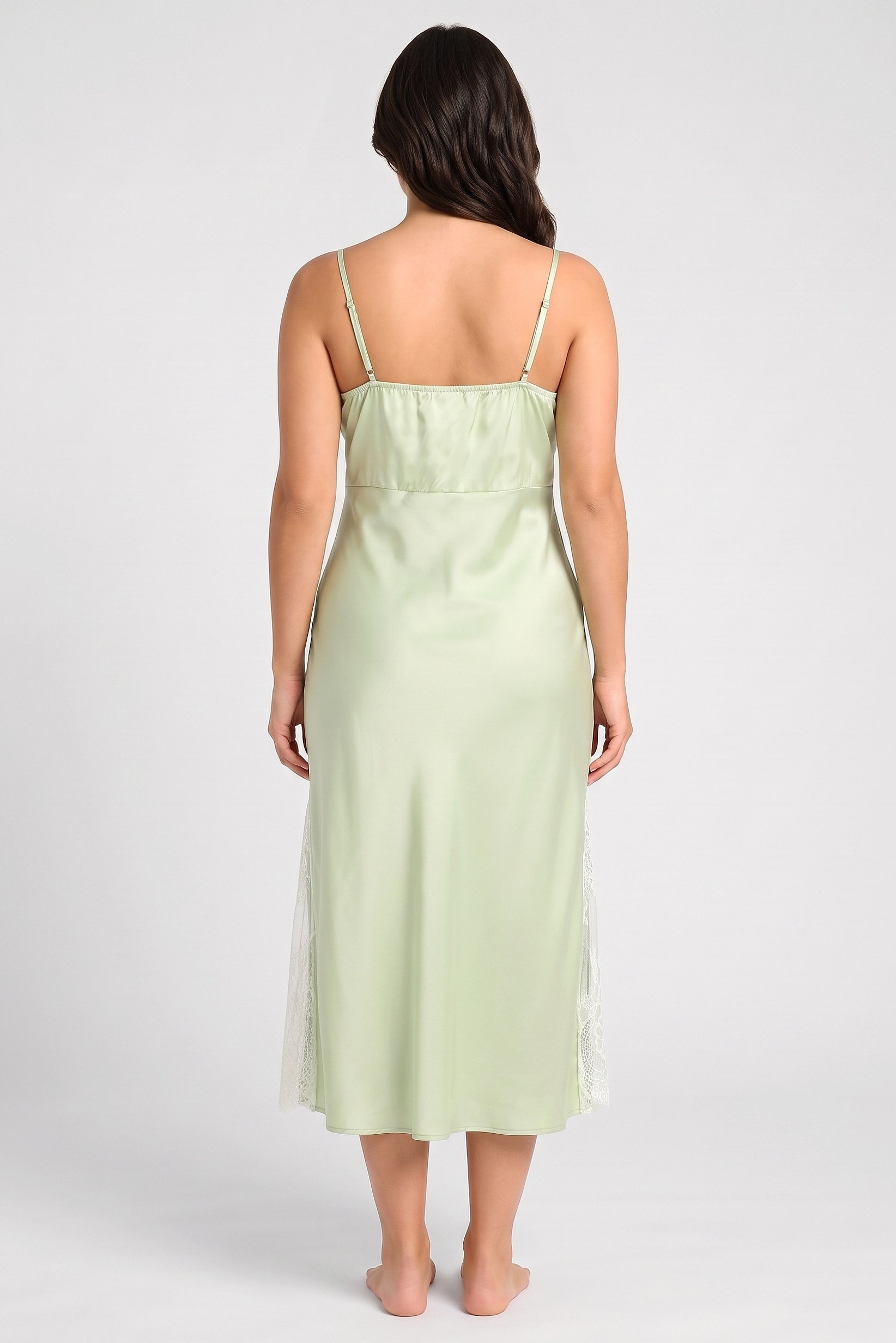 Women Plain Lace Trim Sleepwear Maxi Dress, Light Green