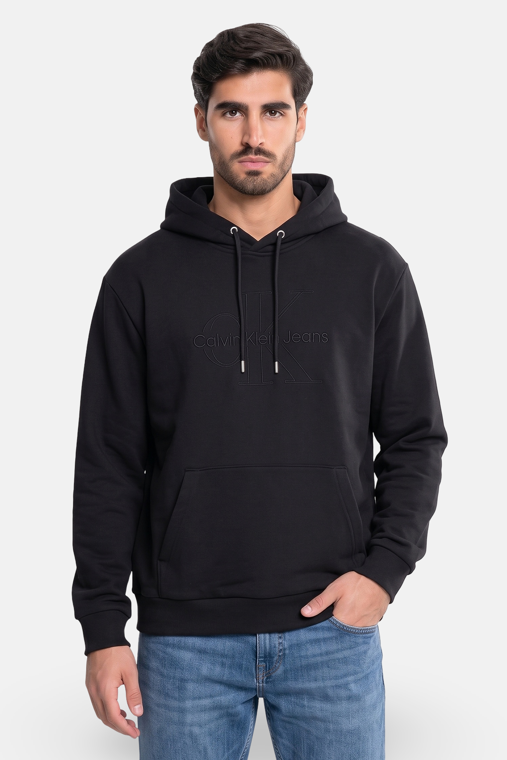 Men Embroidered Logo Long Sleeve Hoodie, Black