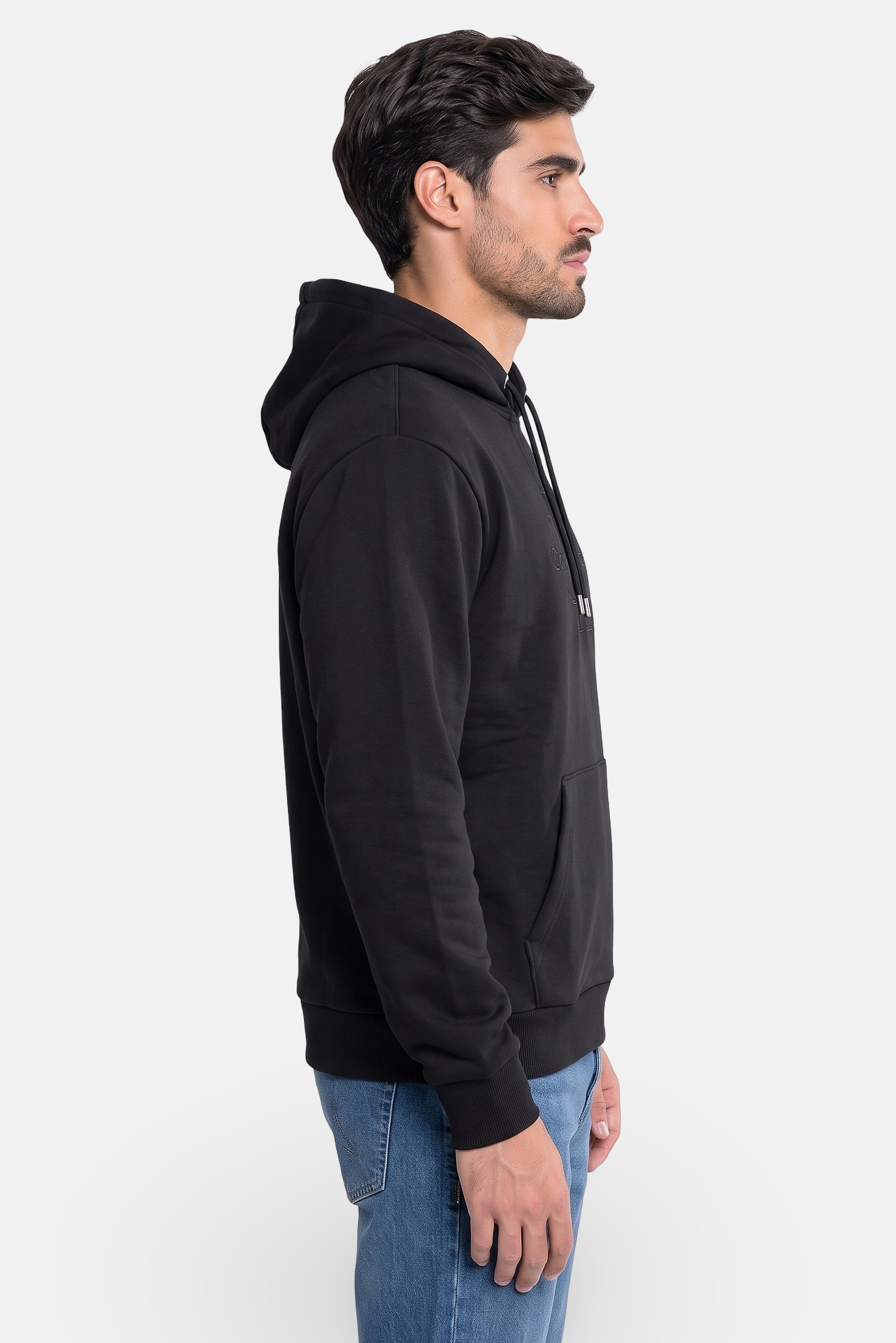 Men Embroidered Logo Long Sleeve Hoodie, Black
