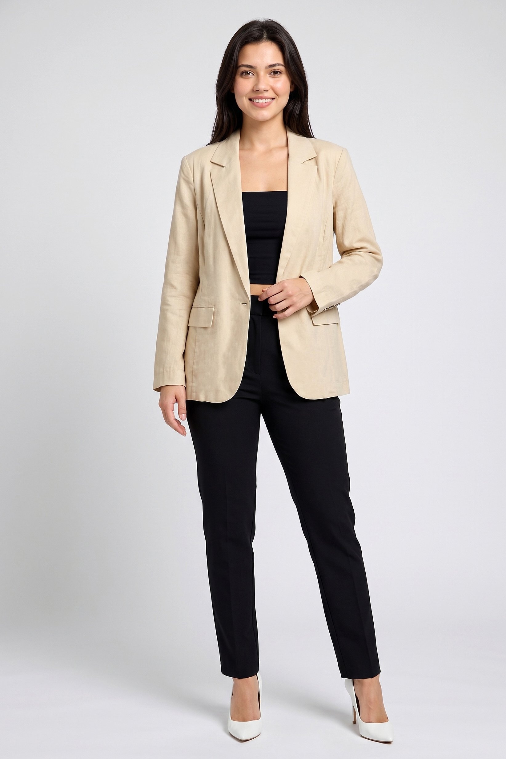 Women Regular Fit Solid Casual Blazer, Beige