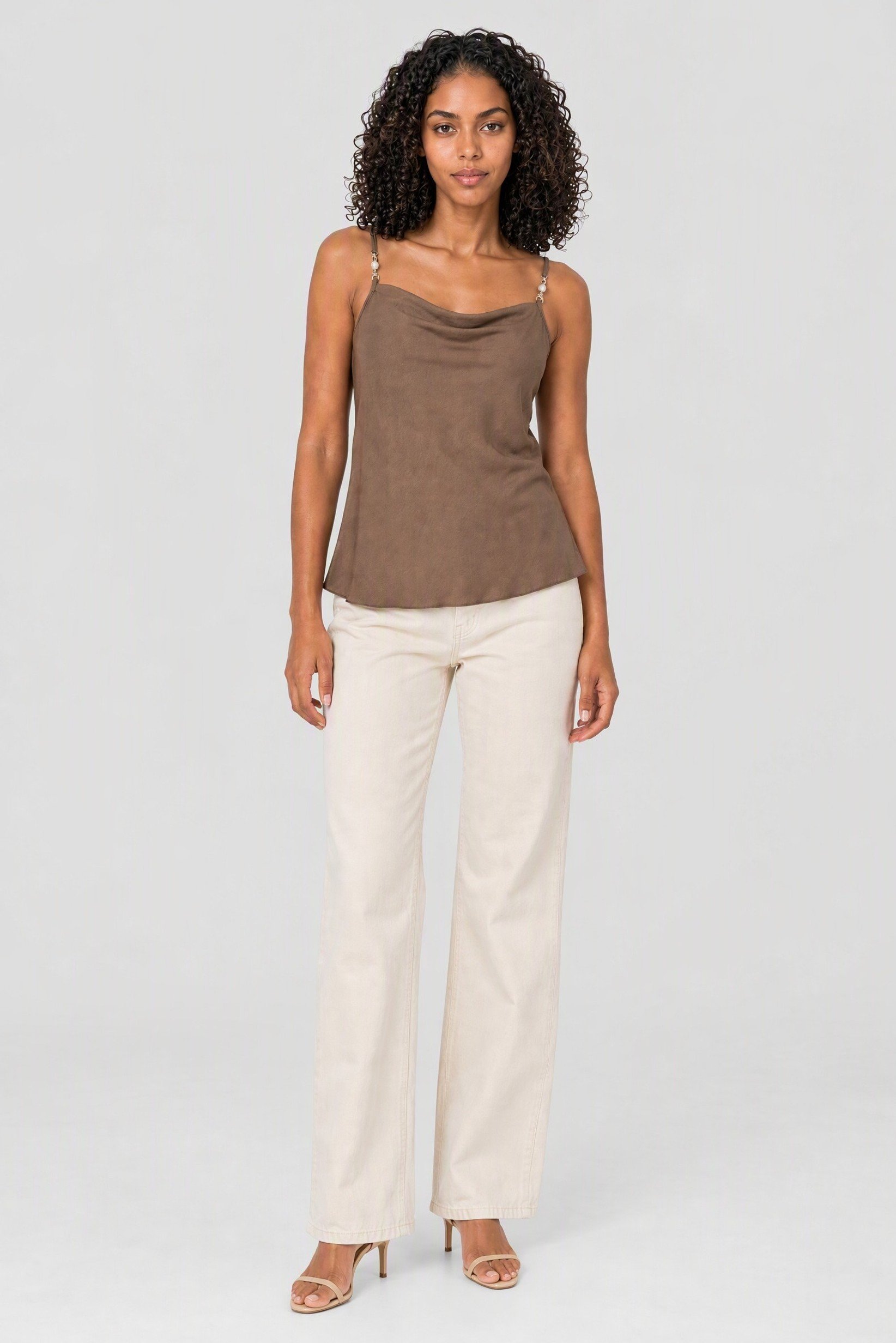 Women Cowl Neck Sleeveless Solid Tank Top, Brown