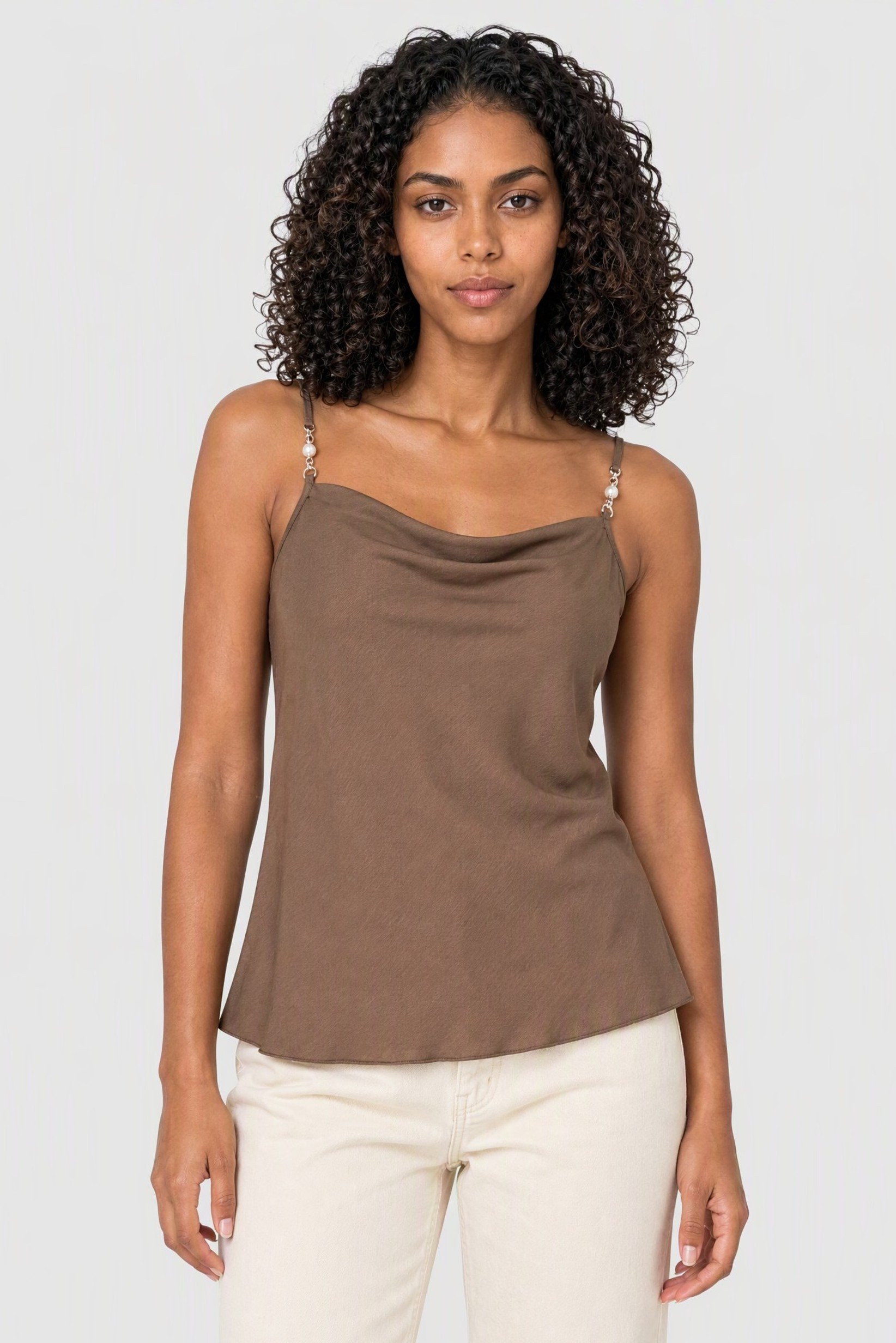 Women Cowl Neck Sleeveless Solid Tank Top, Brown