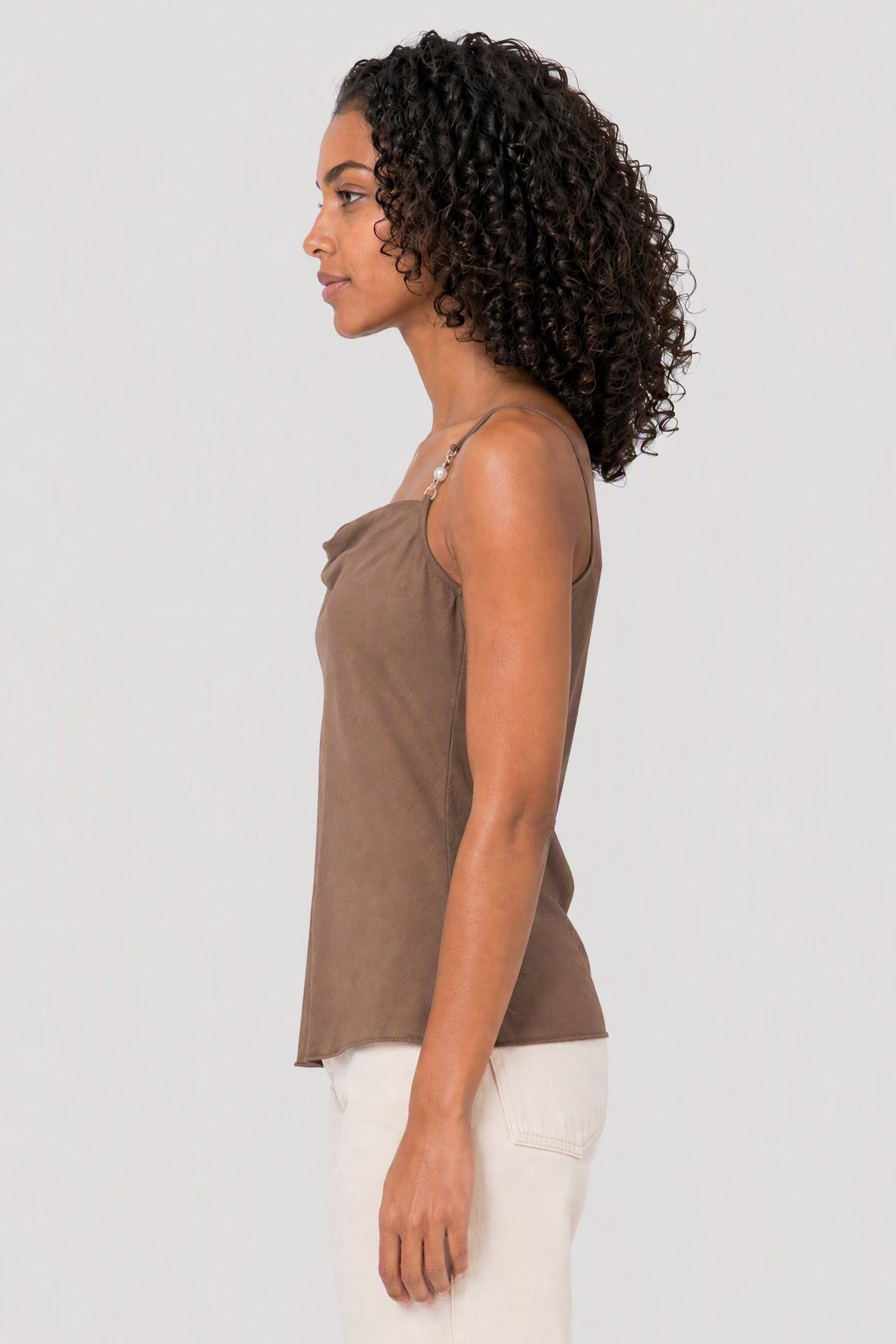 Women Cowl Neck Sleeveless Solid Tank Top, Brown