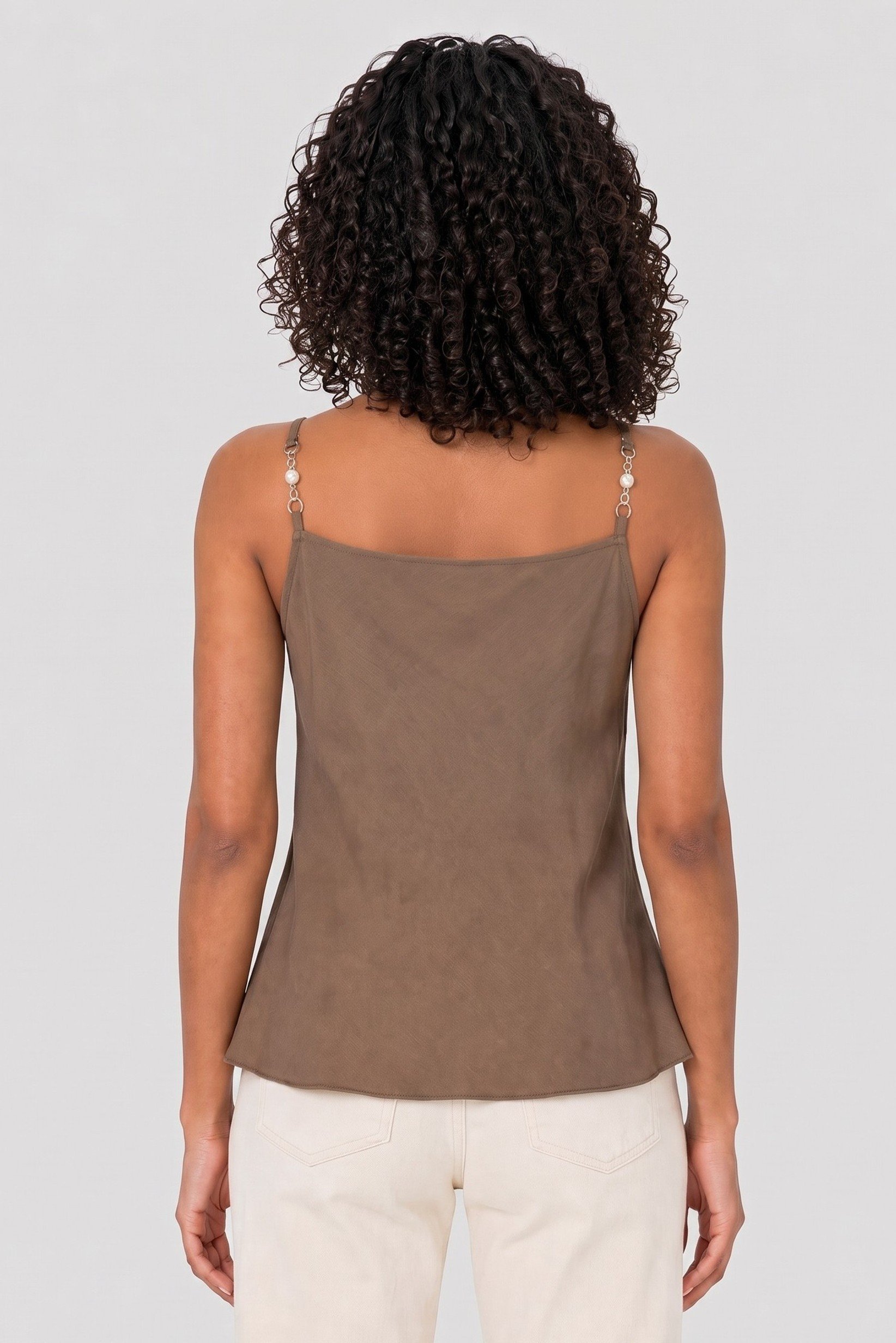 Women Cowl Neck Sleeveless Solid Tank Top, Brown