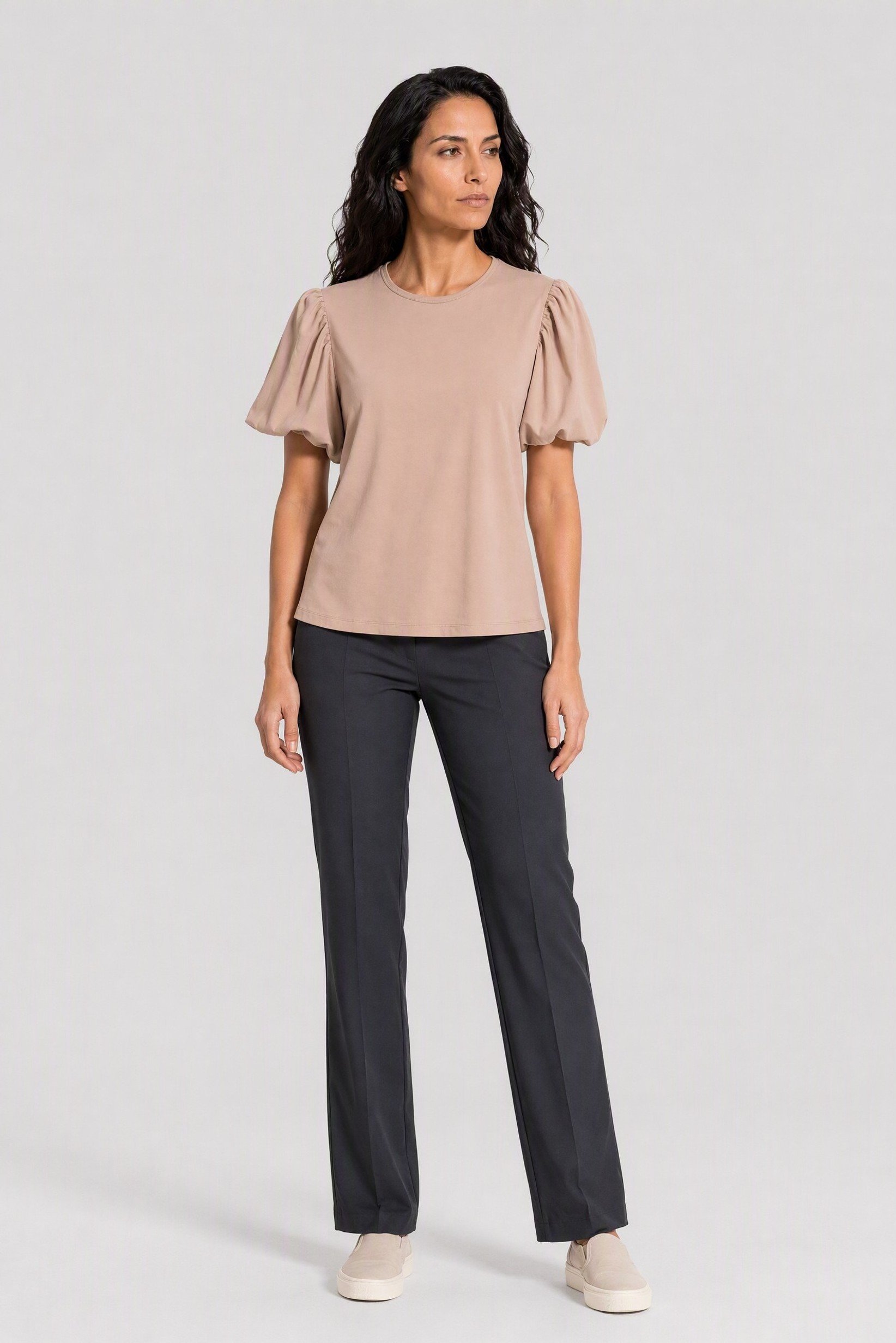 Women Crew Neck Bubble Sleeve Plain Blouse, Light Tan