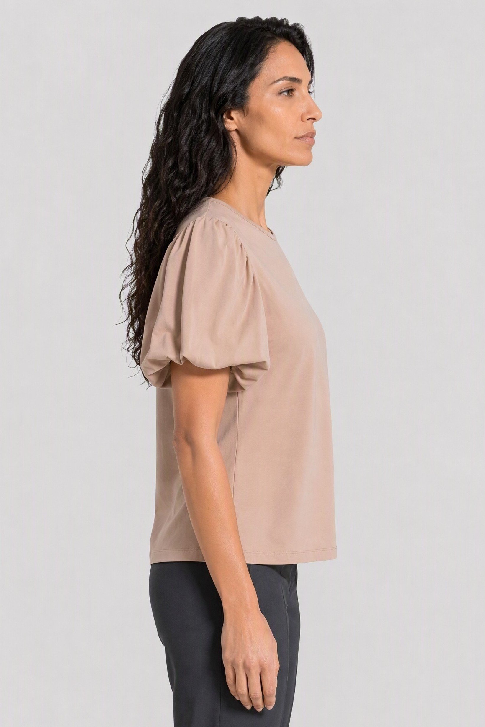 Women Crew Neck Bubble Sleeve Plain Blouse, Light Tan