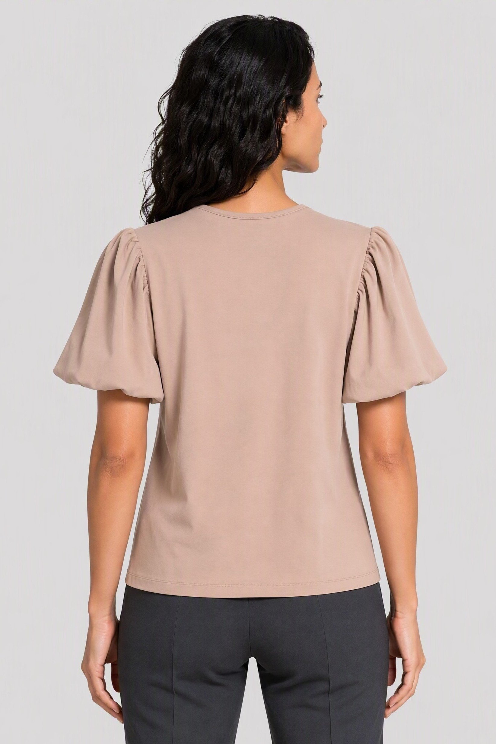 Women Crew Neck Bubble Sleeve Plain Blouse, Light Tan