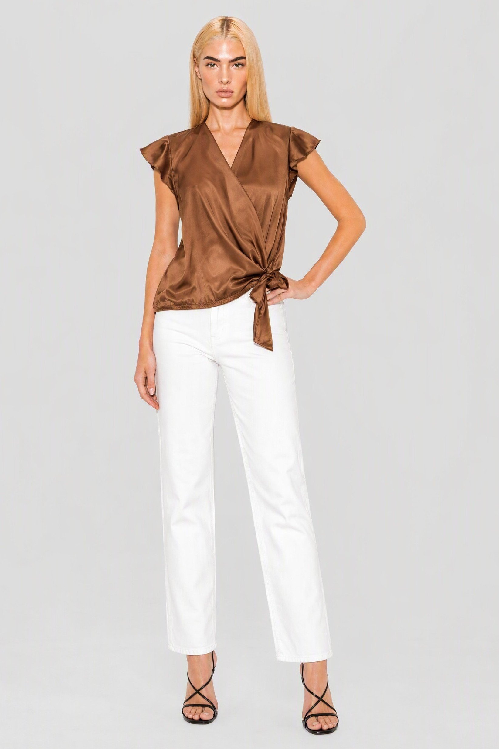 Women Split Neck Cap Sleeve Plain Blouse, Brown