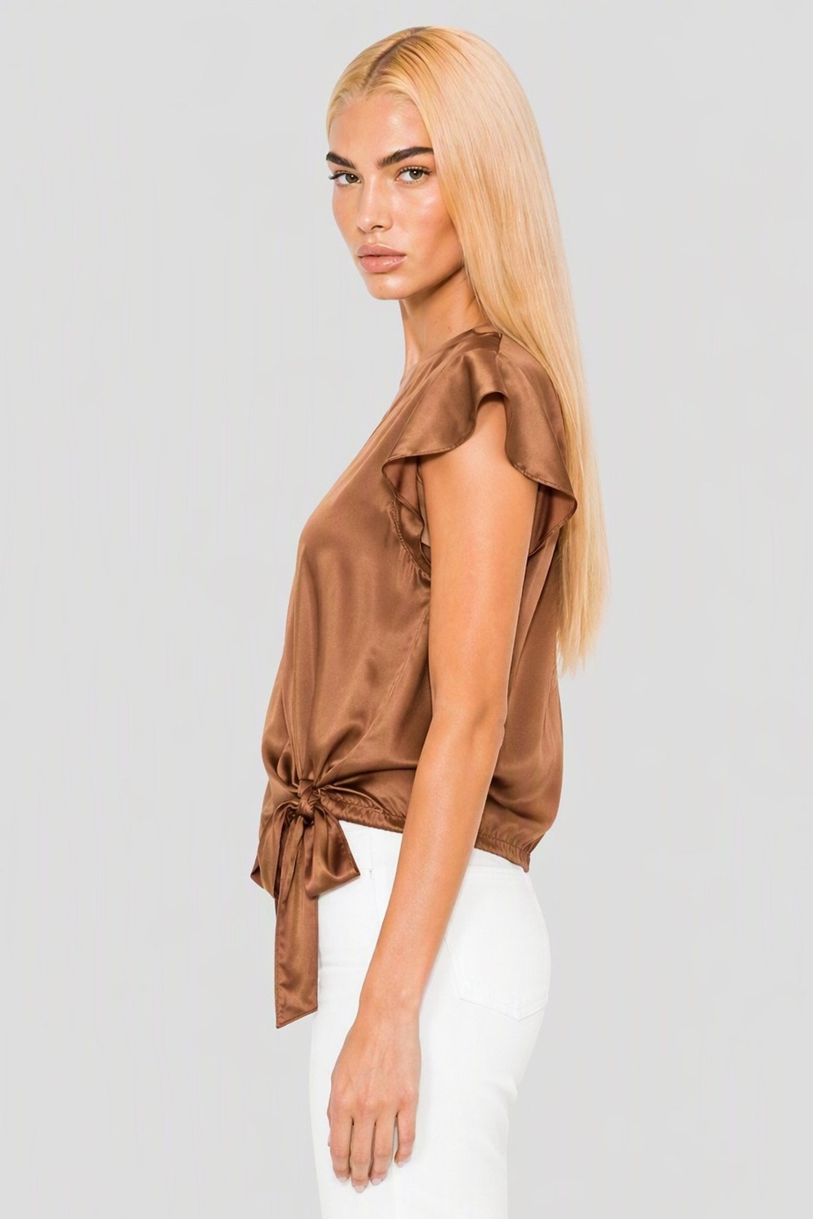 Women Split Neck Cap Sleeve Plain Blouse, Brown